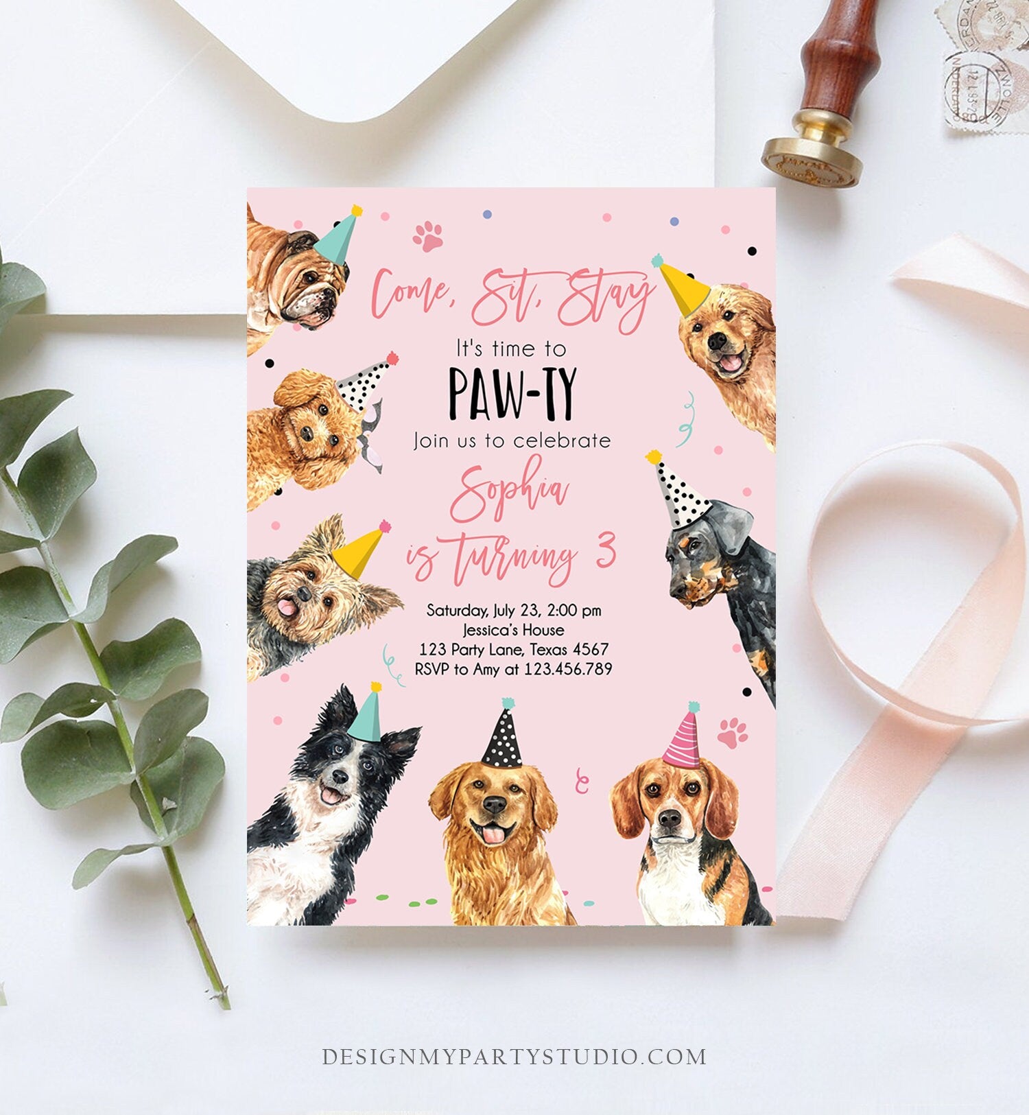 Editable Dog Birthday Party Invitation Puppy Birthday Invite Pink Girl Doggy Shelter Animal Pet Vet Download Printable Template Corjl 0384