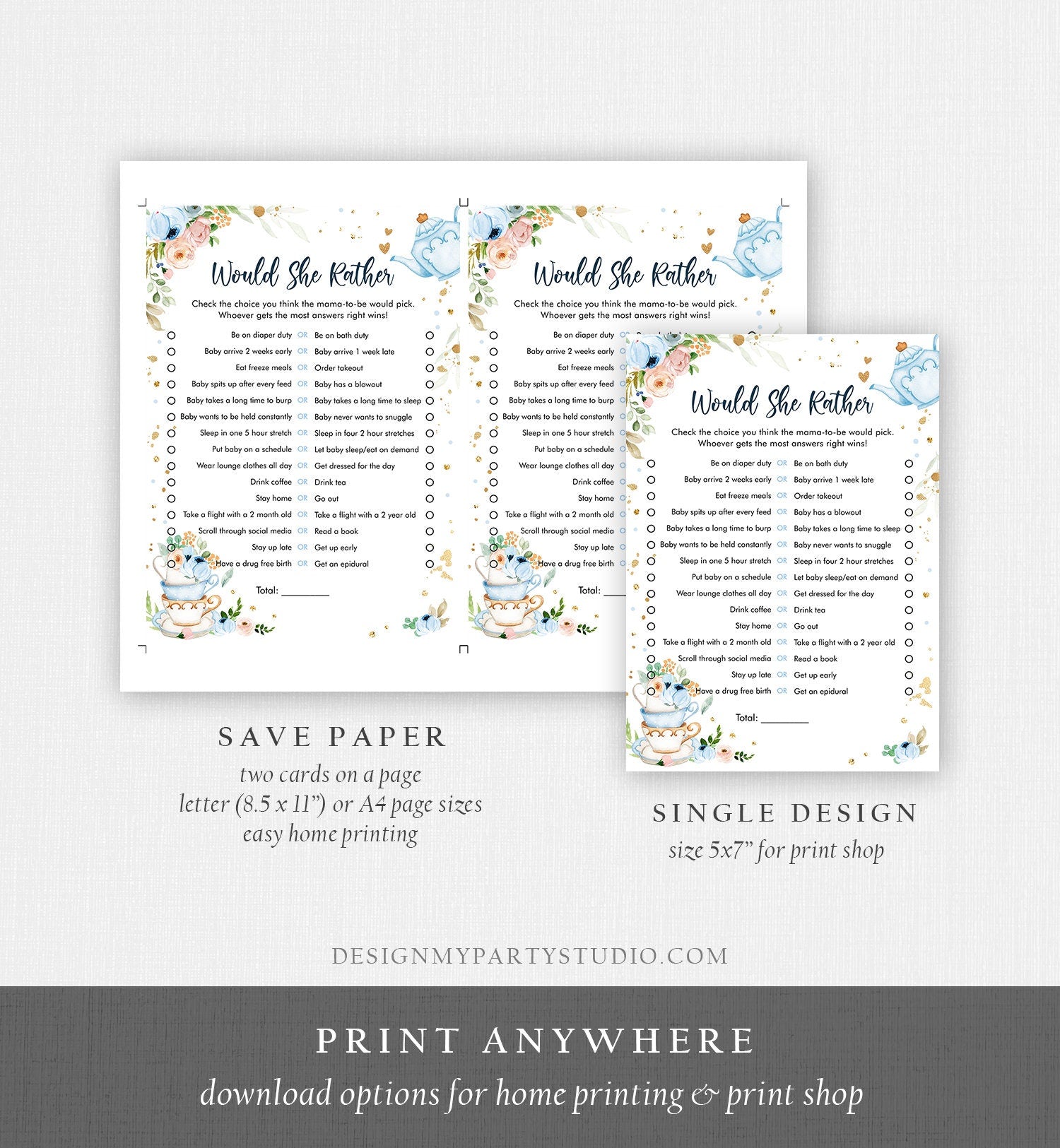 Editable Would She Rather Baby Shower Game Greenery Tea Party Baby is Brewing Blue Rustic Watercolor Guess Digital Template Printable 0349