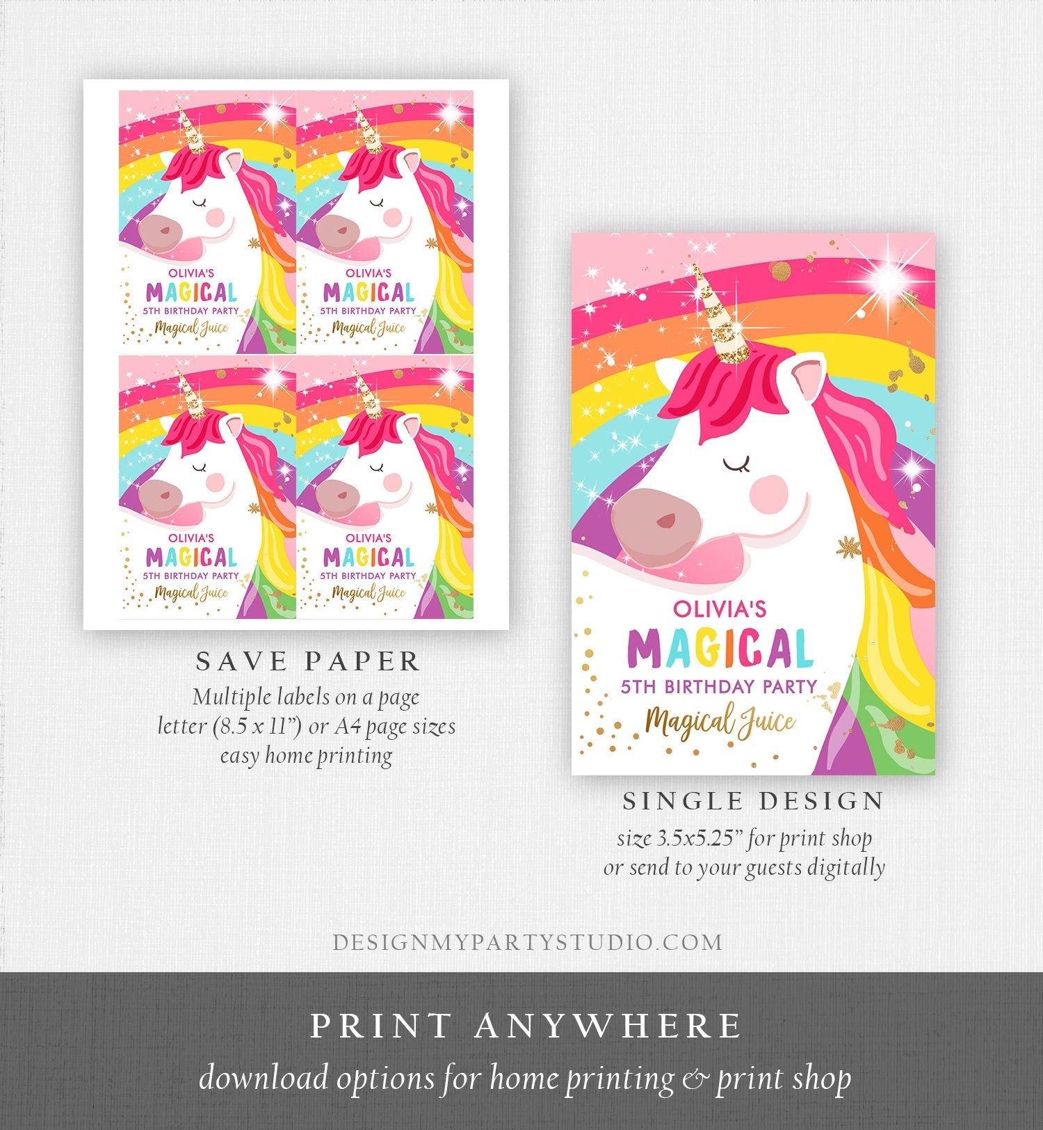 Editable Unicorn Juice Pouch Label Juice Favors Magical Unicorn Birthday Party Girl Pink Rainbow Digital Download Template Printable 0323