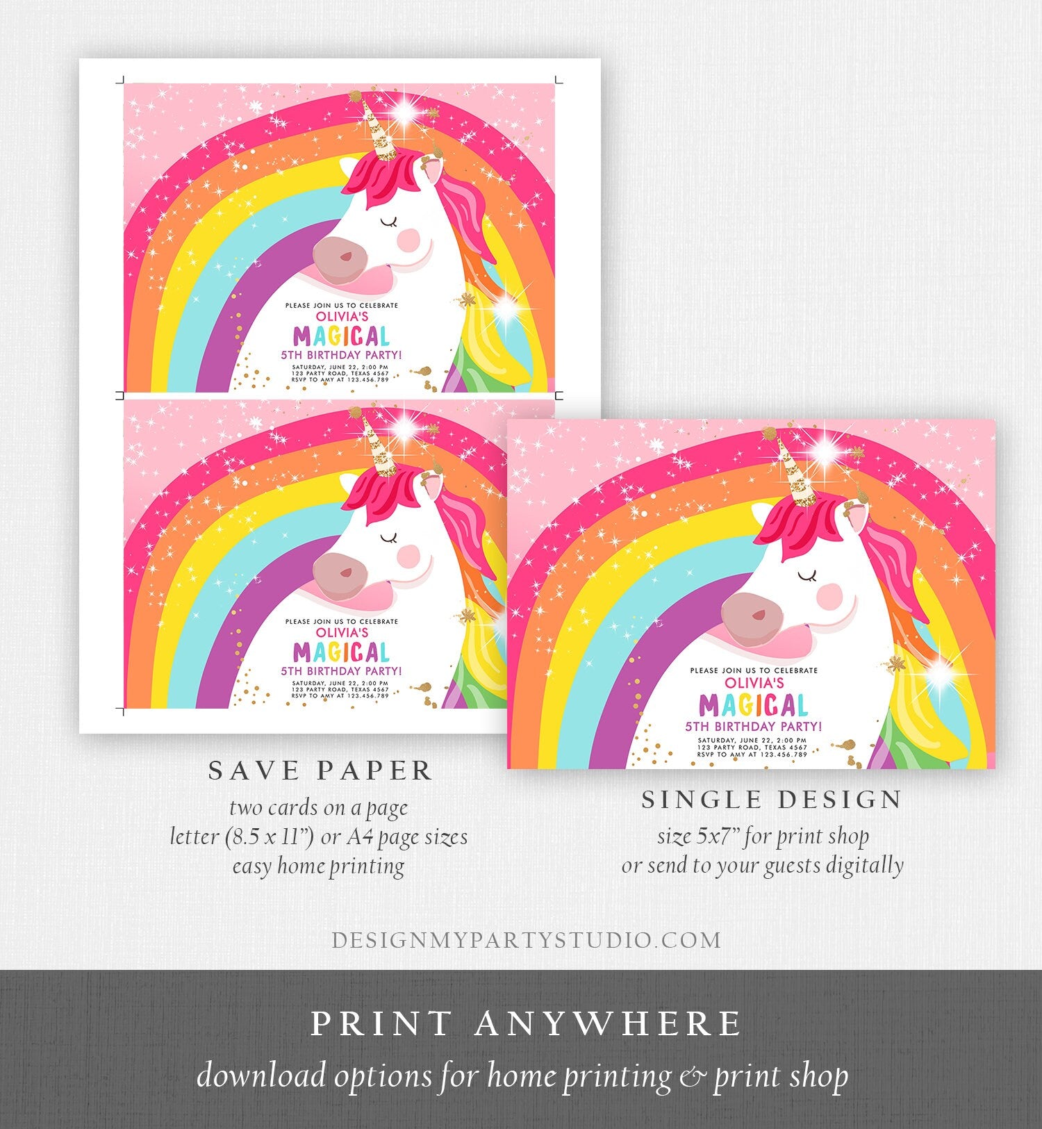 Editable Unicorn Birthday Invitation Magical Unicorn Party Girl Pink Gold Unicorn Invite Rainbow Printable Corjl Template Digital 0323