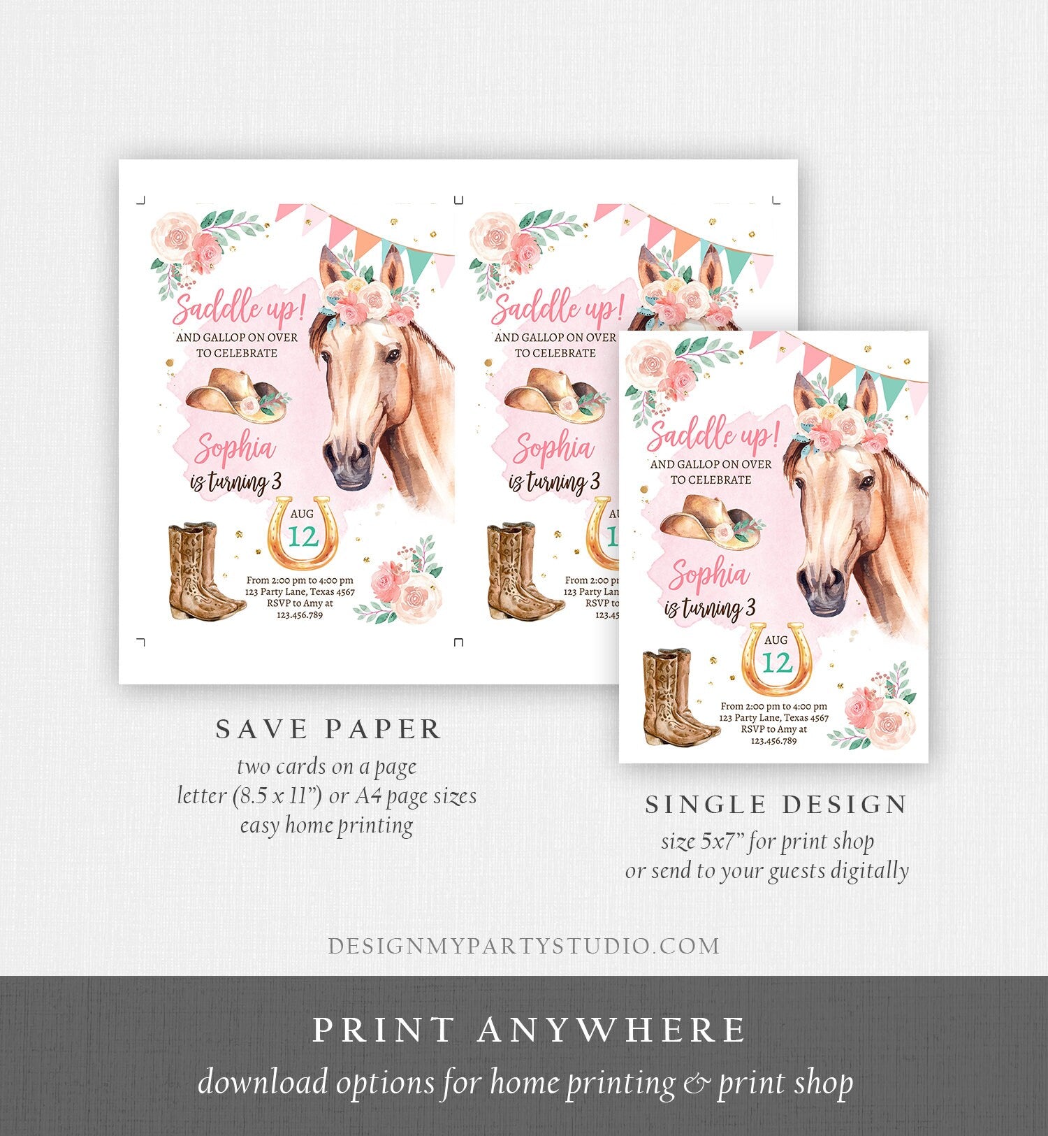 Editable Cowgirl Birthday Invitation Girl Saddle Up Watercolor Horse Party Horse Birthday Invite Pink Download Printable Template Corjl 0398