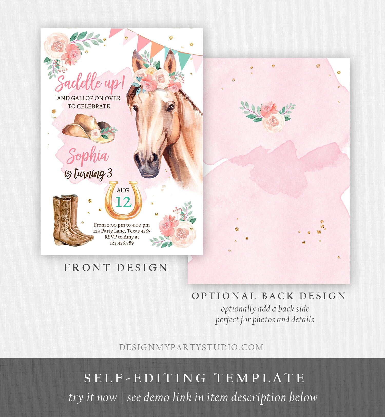 Editable Cowgirl Birthday Invitation Girl Saddle Up Watercolor Horse Party Horse Birthday Invite Pink Download Printable Template Corjl 0398