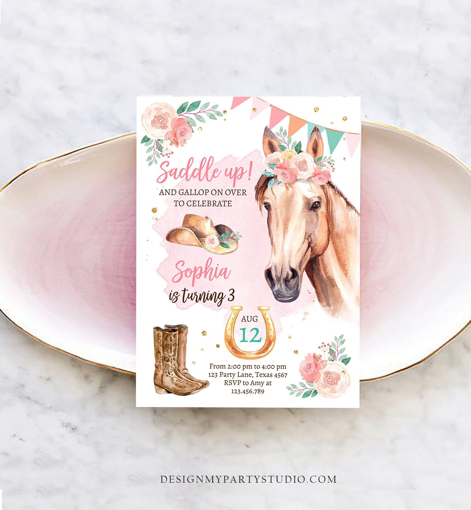 Editable Cowgirl Birthday Invitation Girl Saddle Up Watercolor Horse Party Horse Birthday Invite Pink Download Printable Template Corjl 0398