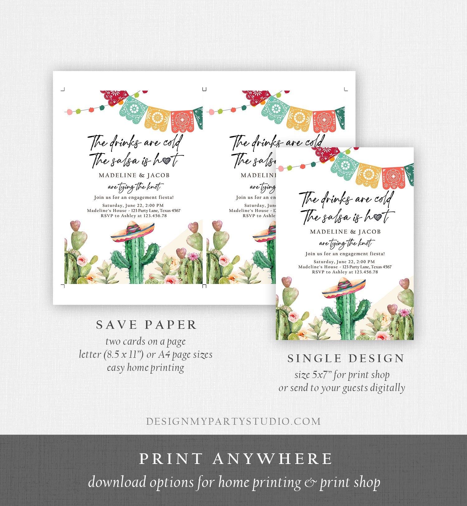 Editable Fiesta Engagement Invitation Couples Shower Bridal Mexican Cactus Succulent Desert Floral Printable Invitation Template Corjl 0404