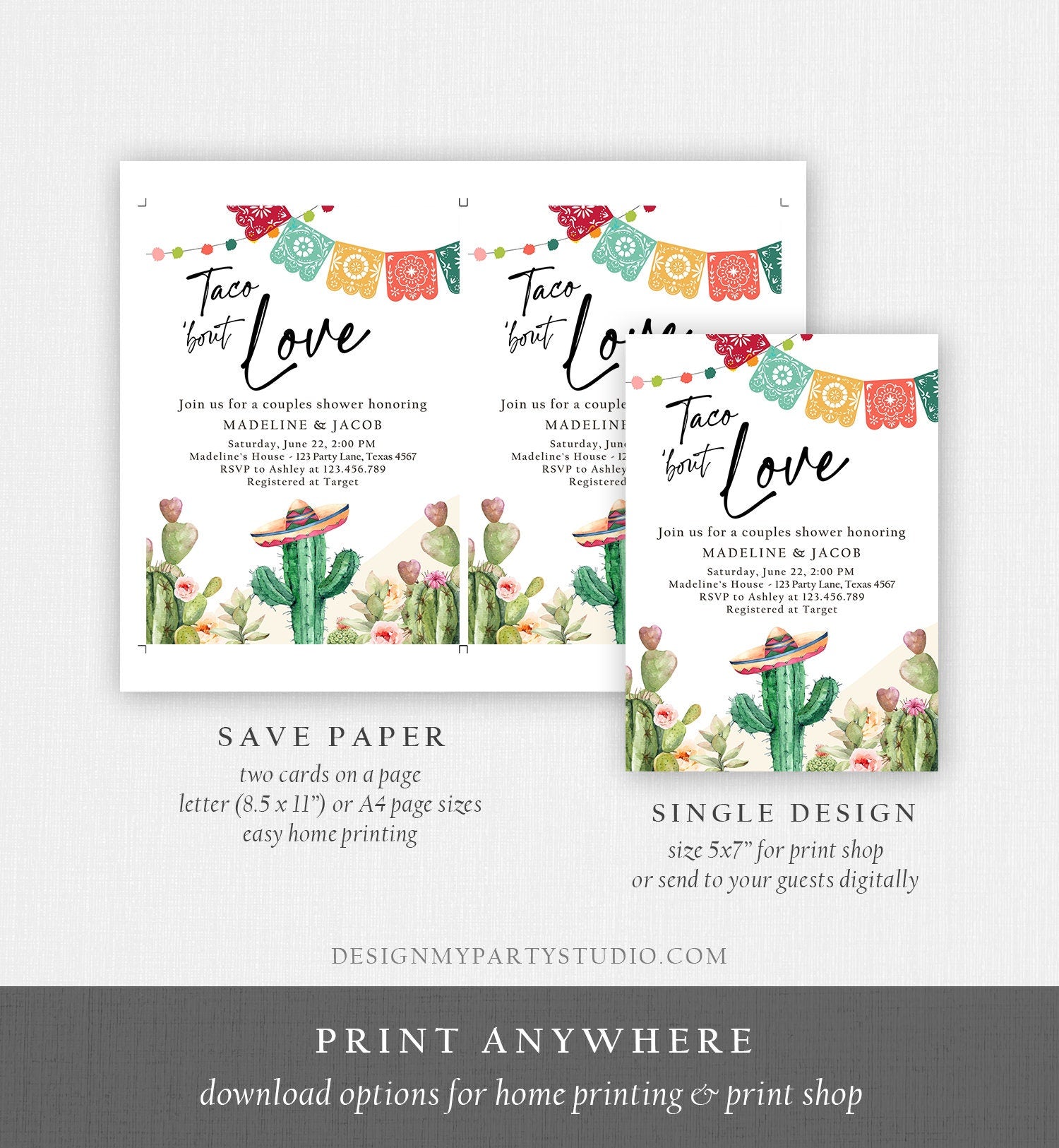 Editable Taco Bout Love Couples Shower Invitation Fiesta Cactus Succulent Mexican Desert Digital Download Corjl Template Printable 0404