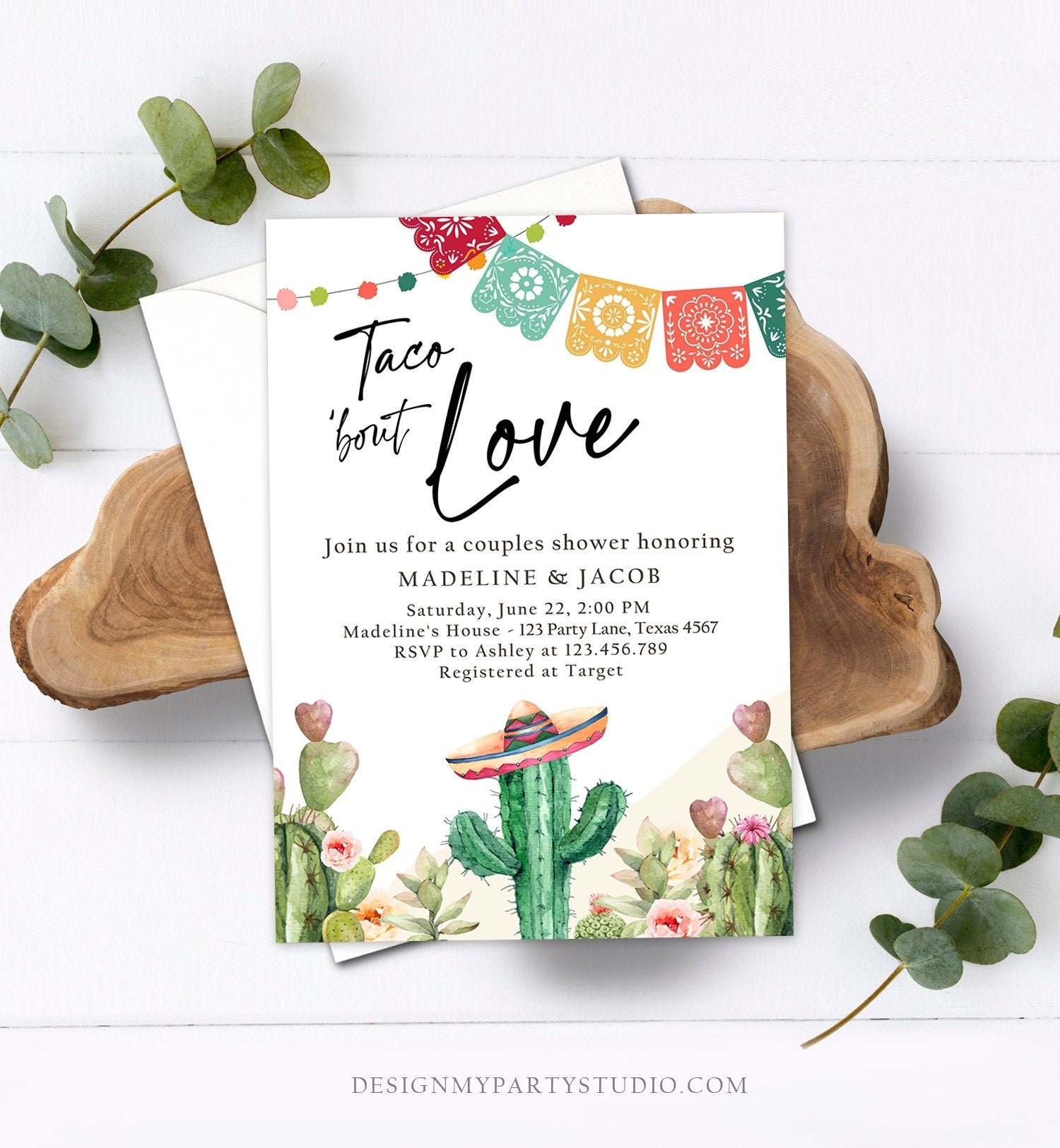 Editable Taco Bout Love Couples Shower Invitation Fiesta Cactus Succulent Mexican Desert Digital Download Corjl Template Printable 0404