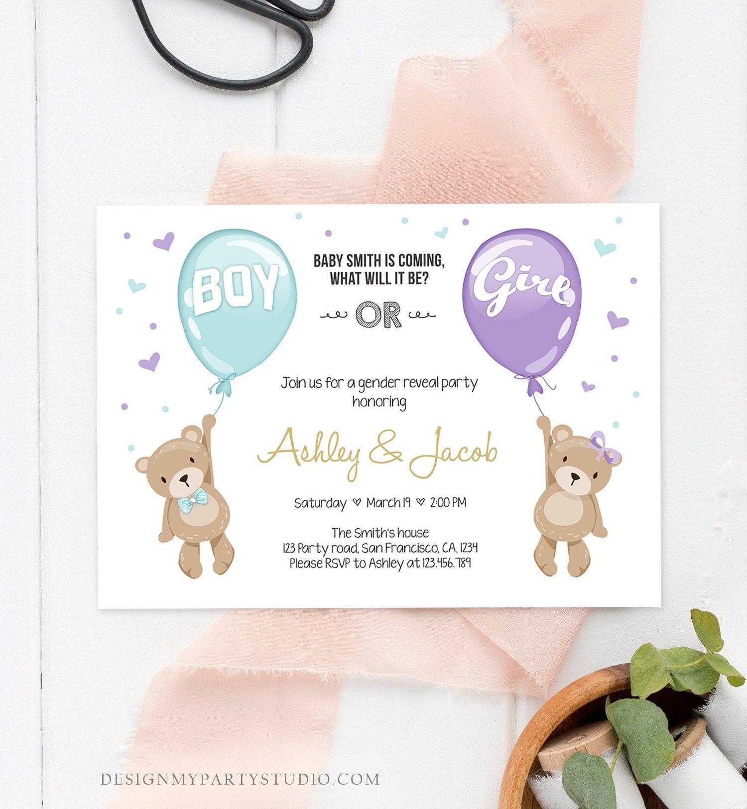 Editable Gender Reveal Invitation Teddy Bear Boy or Girl Blue Purple Violet Lavender He or She Bear Download Printable Template Corjl 0025