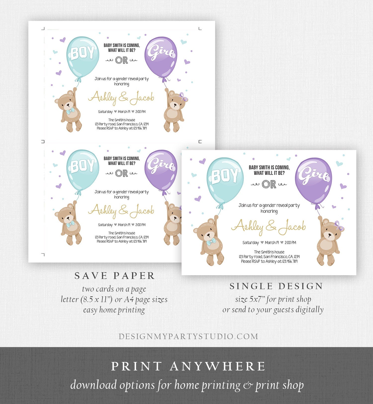 Editable Gender Reveal Invitation Teddy Bear Boy or Girl Blue Purple Violet Lavender He or She Bear Download Printable Template Corjl 0025