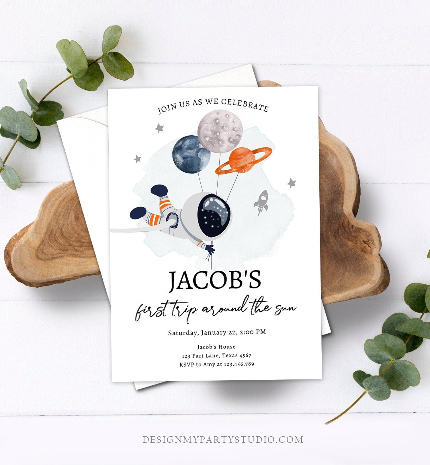 Editable Out of This World Birthday Invitation Outer Space Planets Rocket Ship Galaxy Astronaut Silver Boy Corjl Template Printable 0366