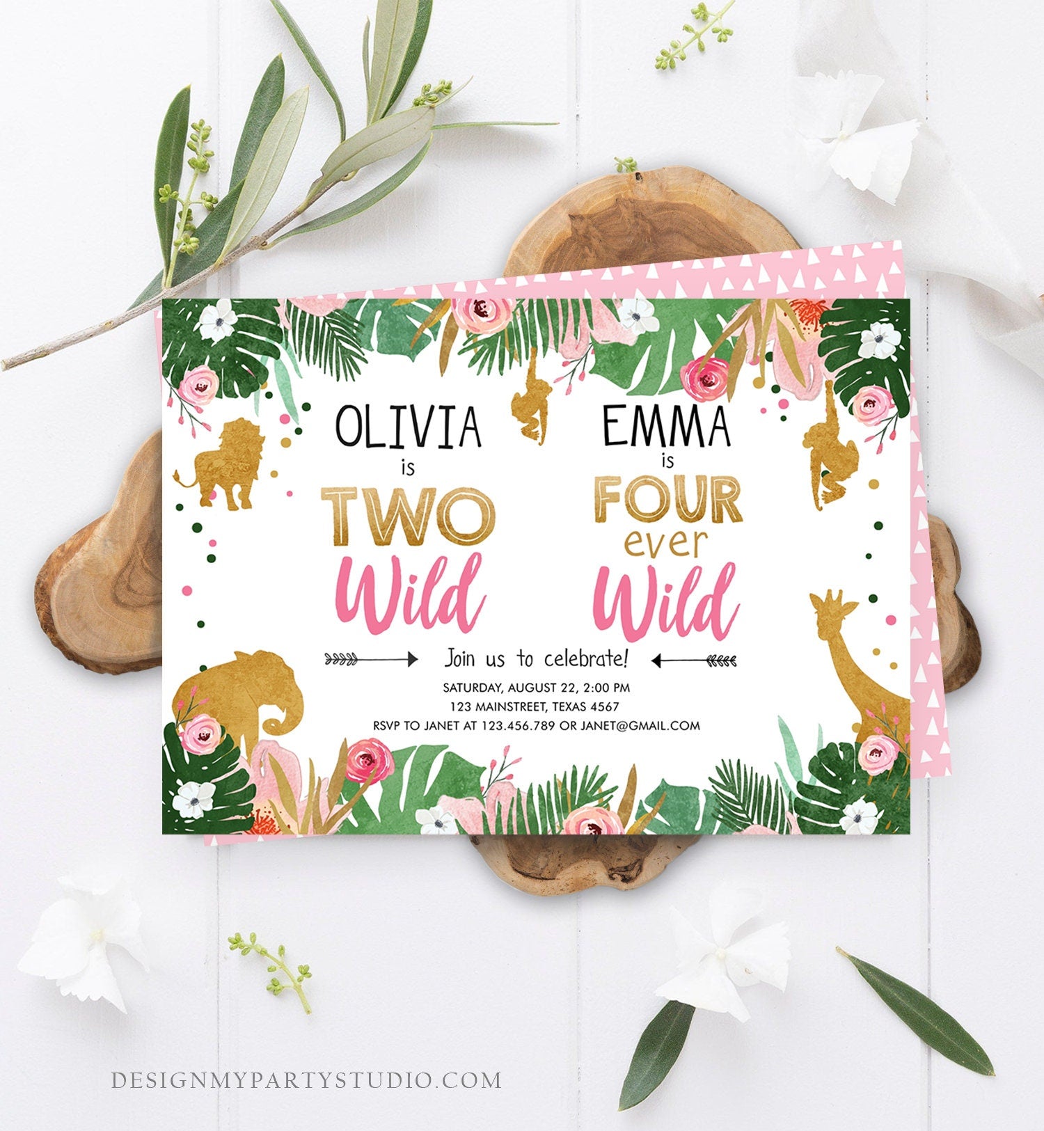 Editable Two Wild Four Ever Wild Birthday Invitation Safari Animals Girl Pink Gold Coed Dual Combined Party Corjl Template Printable 0016