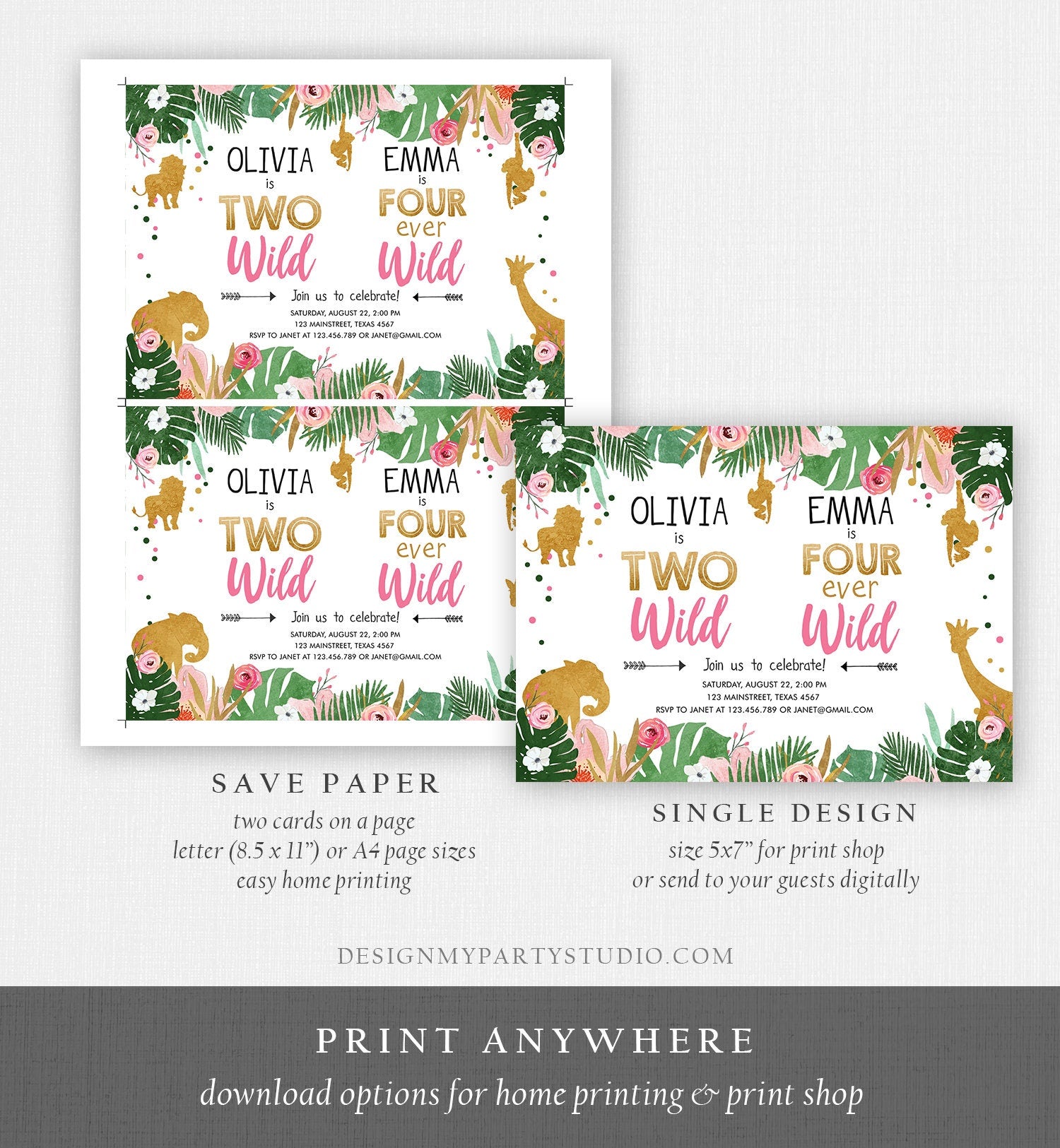 Editable Two Wild Four Ever Wild Birthday Invitation Safari Animals Girl Pink Gold Coed Dual Combined Party Corjl Template Printable 0016