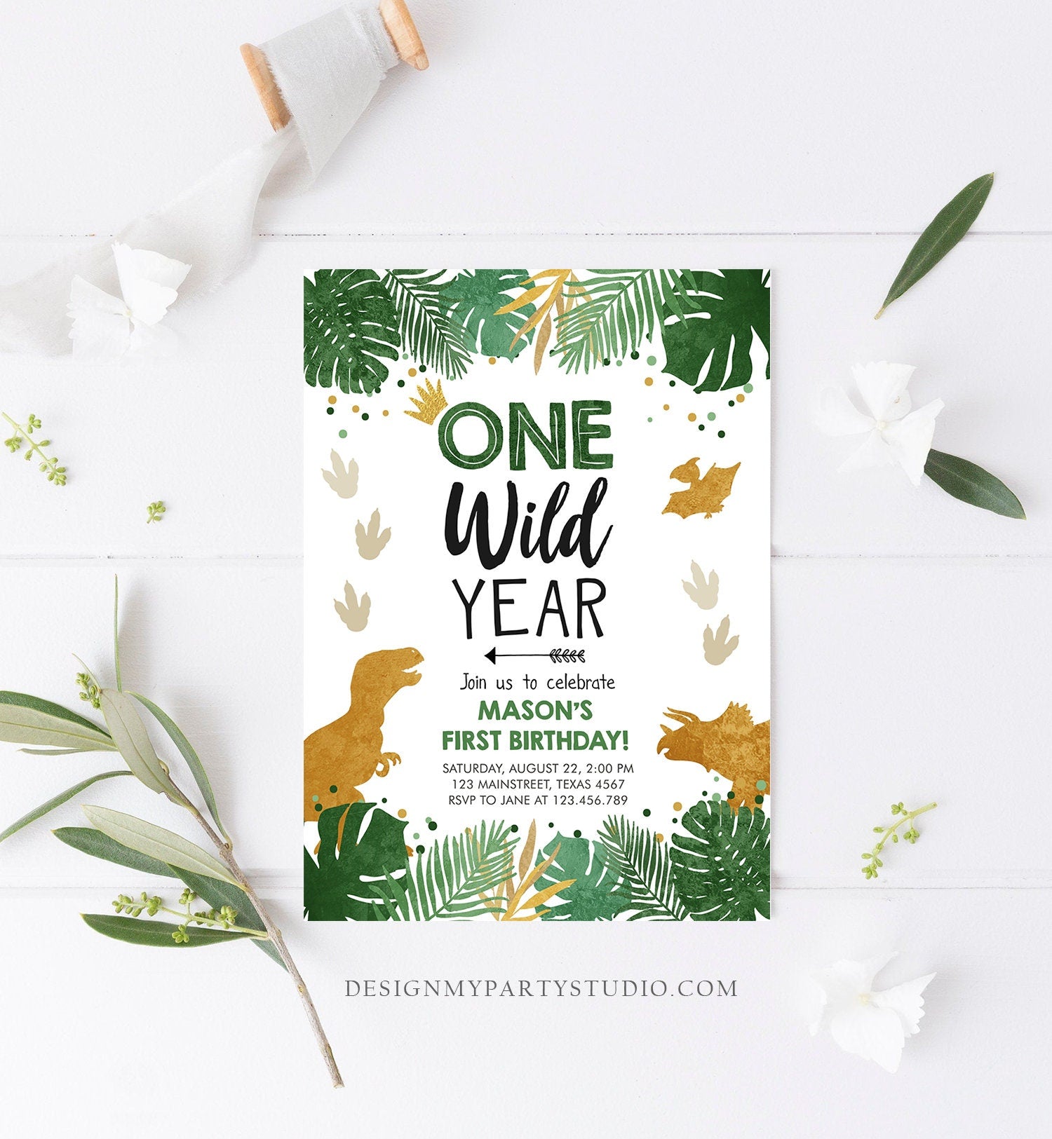 Editable One Wild Year Birthday Invitation Gold Dinosaur Dino Party Boy First Birthday 1st Wild One Party Corjl Template Printable 0146