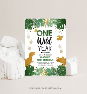 Editable One Wild Year Birthday Invitation Gold Dinosaur Dino Party Boy First Birthday 1st Wild One Party Corjl Template Printable 0146