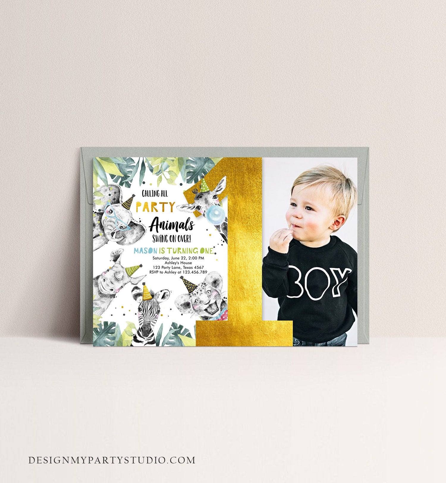 Editable Party Animals Birthday Invitation Wild One Safari Animals Boy Gold Black Zoo Monochrome Download Printable Template Corjl 0322