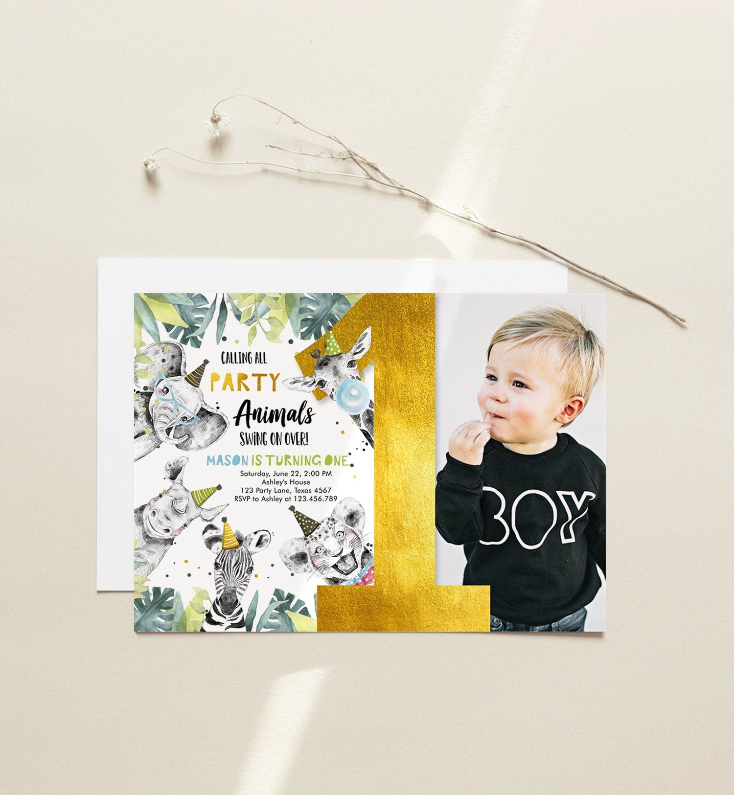 Editable Party Animals Birthday Invitation Wild One Safari Animals Boy Gold Black Zoo Monochrome Download Printable Template Corjl 0322