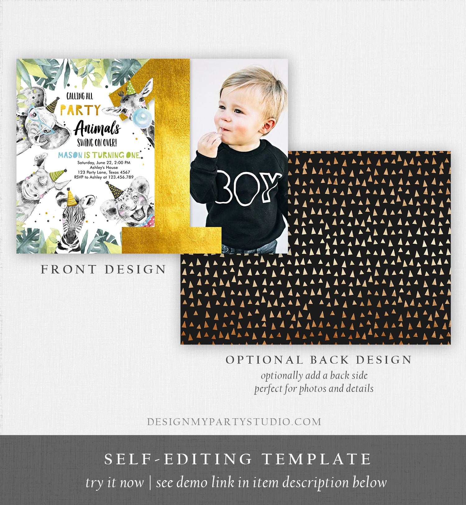 Editable Party Animals Birthday Invitation Wild One Safari Animals Boy Gold Black Zoo Monochrome Download Printable Template Corjl 0322