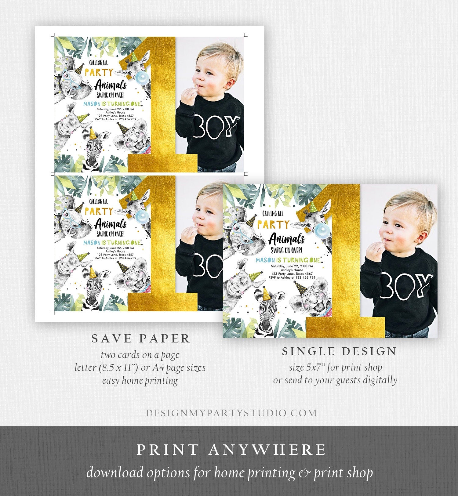 Editable Party Animals Birthday Invitation Wild One Safari Animals Boy Gold Black Zoo Monochrome Download Printable Template Corjl 0322