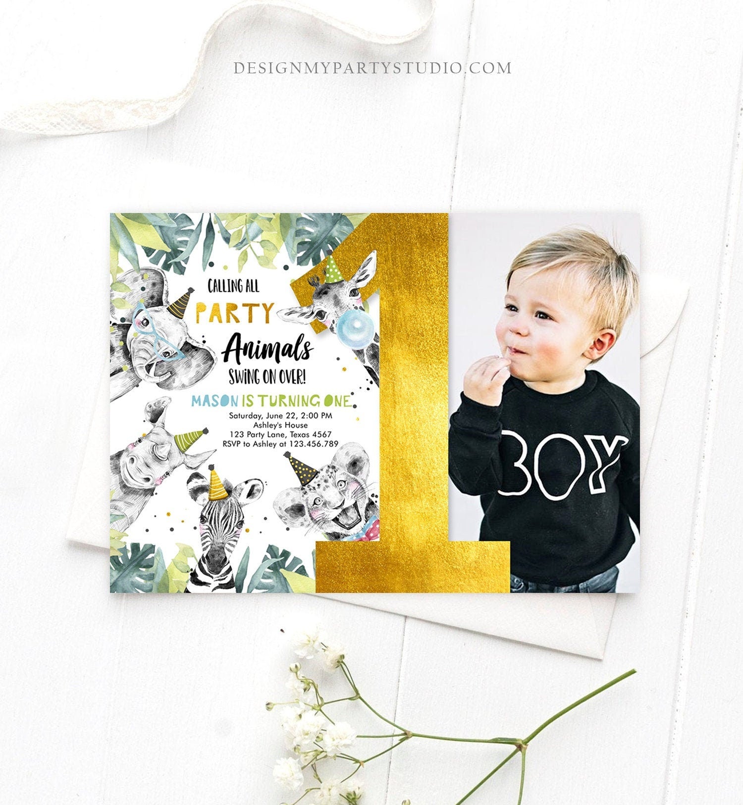 Editable Party Animals Birthday Invitation Wild One Safari Animals Boy Gold Black Zoo Monochrome Download Printable Template Corjl 0322