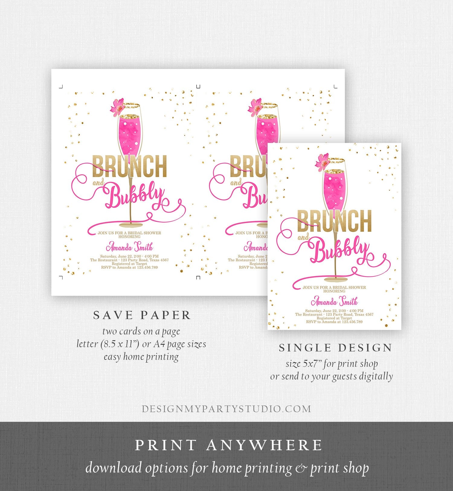 Editable Brunch and Bubbly Bridal Shower Invitation Floral Champagne Gold Hot Pink Wedding Download Printable Template Digital Corjl 0150