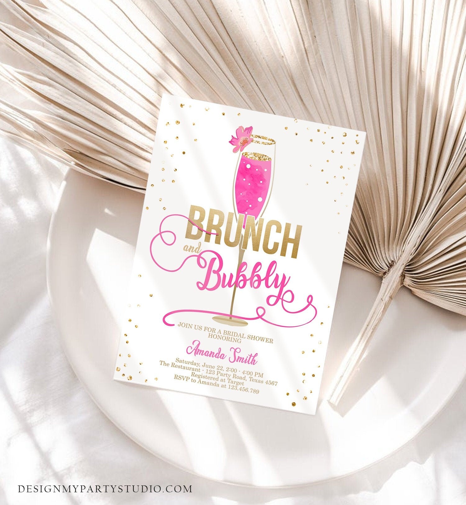 Editable Brunch and Bubbly Bridal Shower Invitation Floral Champagne Gold Hot Pink Wedding Download Printable Template Digital Corjl 0150