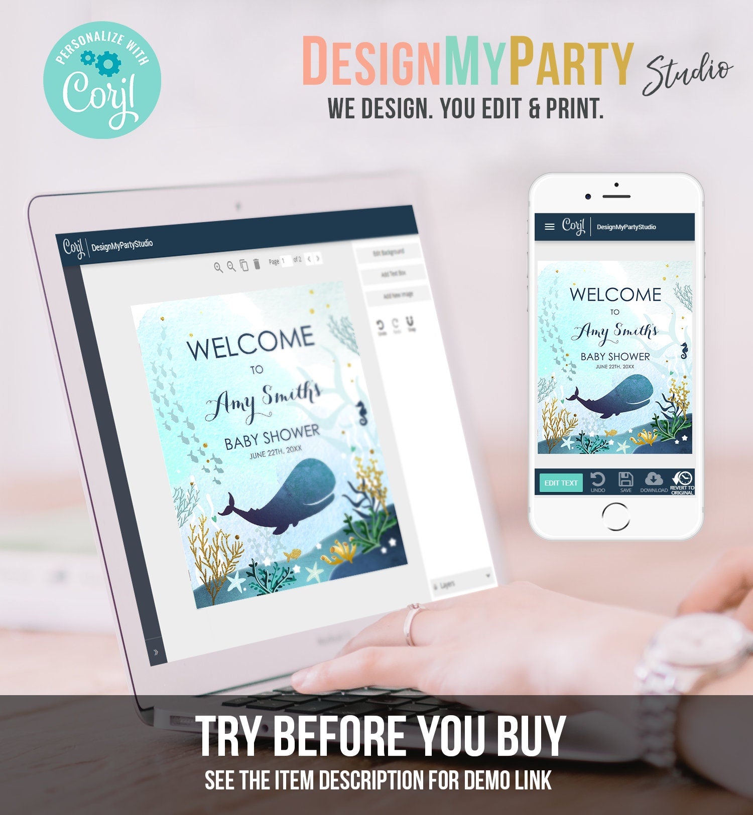 Editable Whale Welcome Sign Baby Shower Birthday Party Nautical Ocean It's a Boy Blue Whale Under the Sea Corjl Template Printable 0118