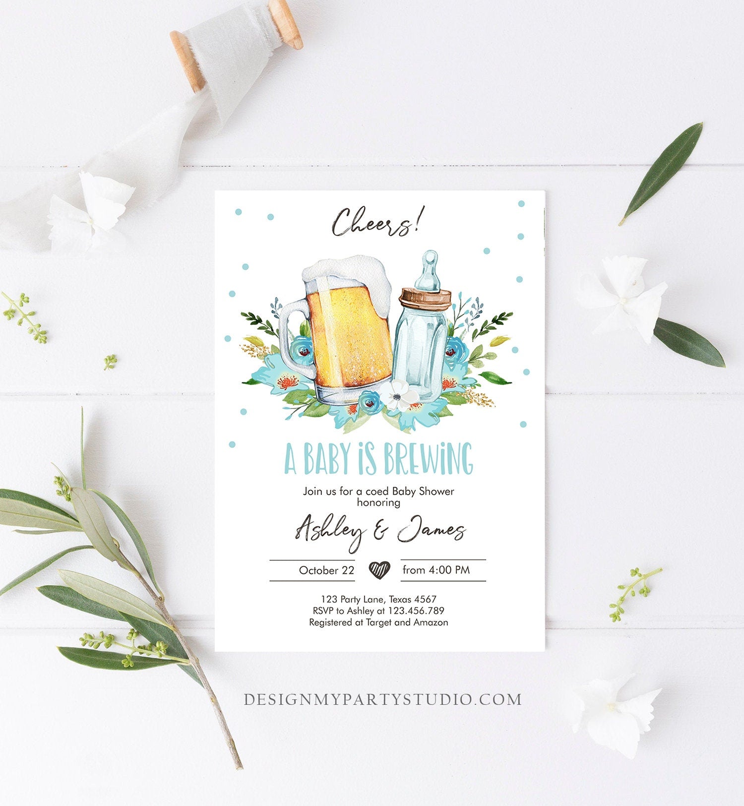 Editable A Baby is Brewing Invitation Bottle and Beers Baby Shower Boy Cheers Coed Couples Shower Download Printable Template Corjl 0190