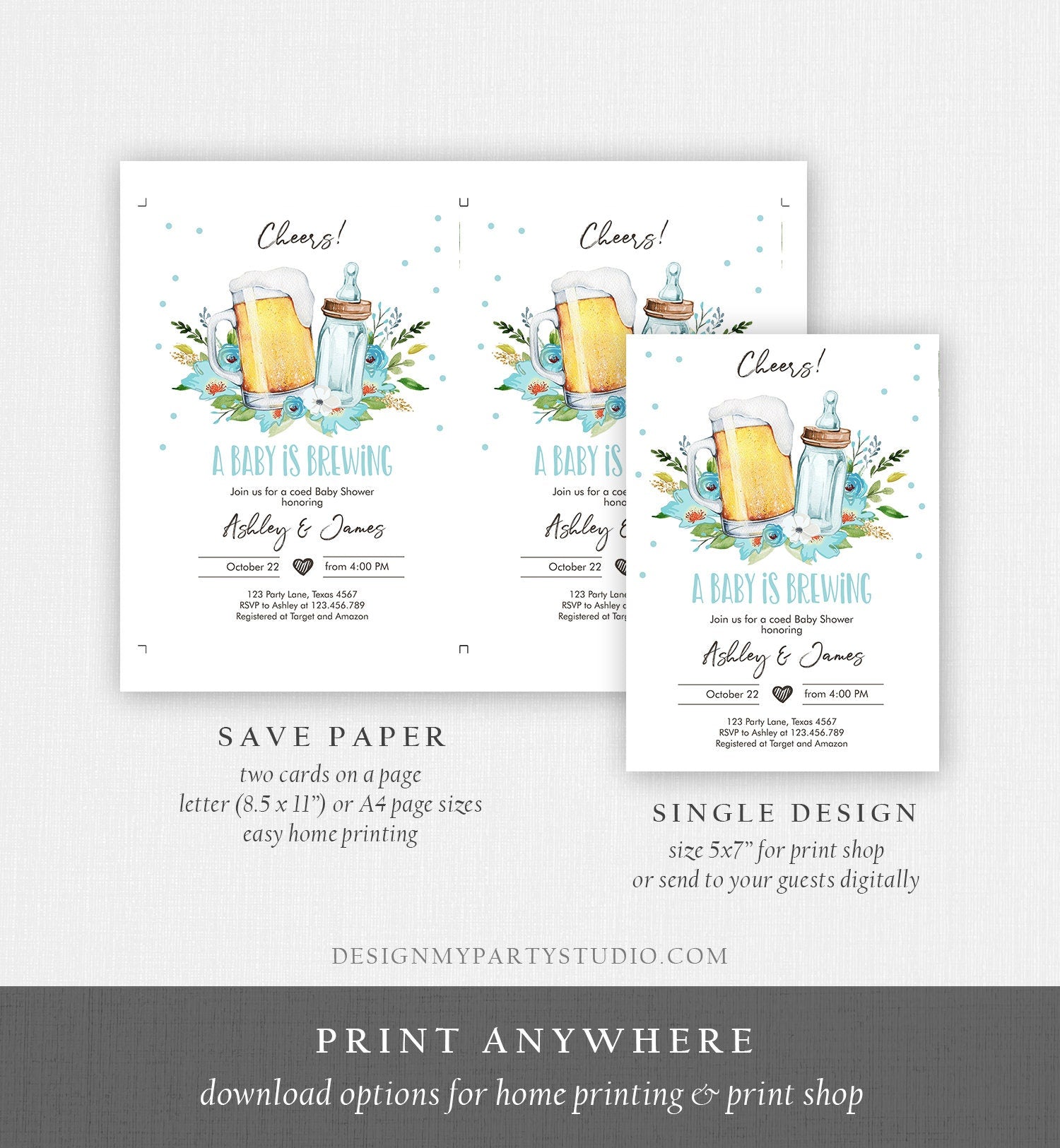 Editable A Baby is Brewing Invitation Bottle and Beers Baby Shower Boy Cheers Coed Couples Shower Download Printable Template Corjl 0190