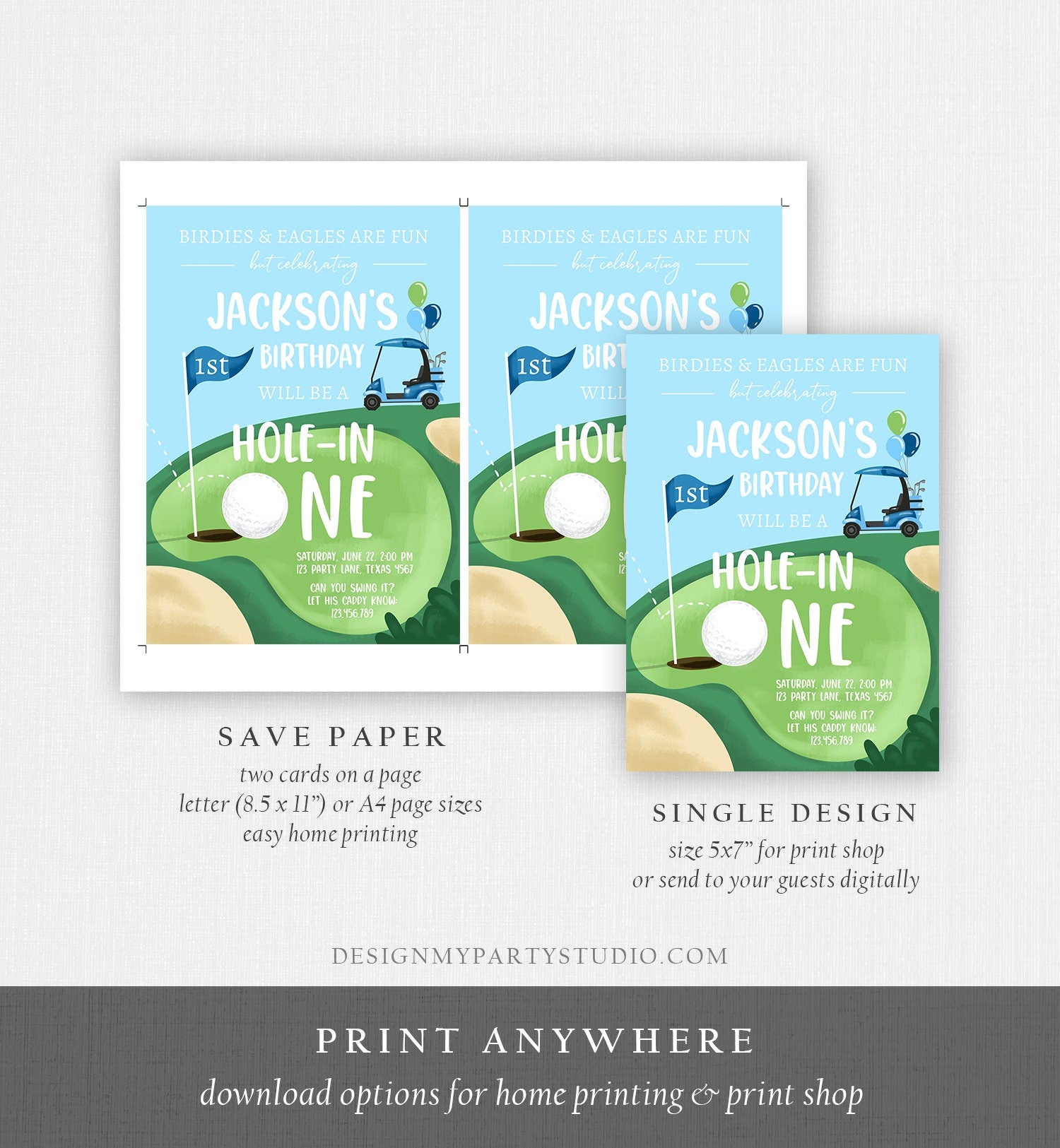 Hole in One Birthday Invitation Golf First Birthday Par-tee Golf Birthday Invite Boy Golfing Download Printable Template Digital Corjl 0405