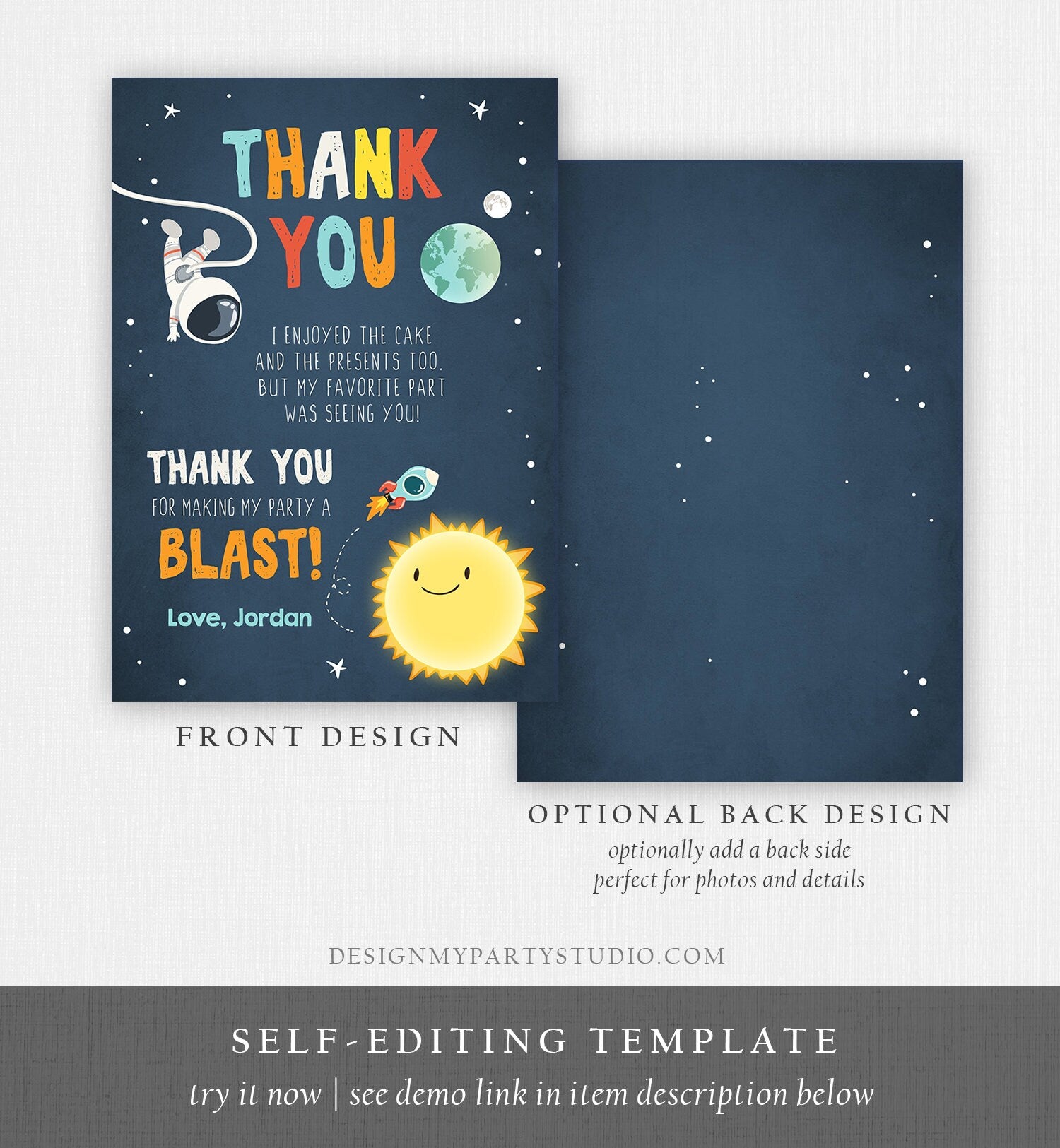 Editable Space Birthday Thank You Card Space Astronaut To the Moon Galaxy Thank You Note Download Printable Template Digital Corjl 0046