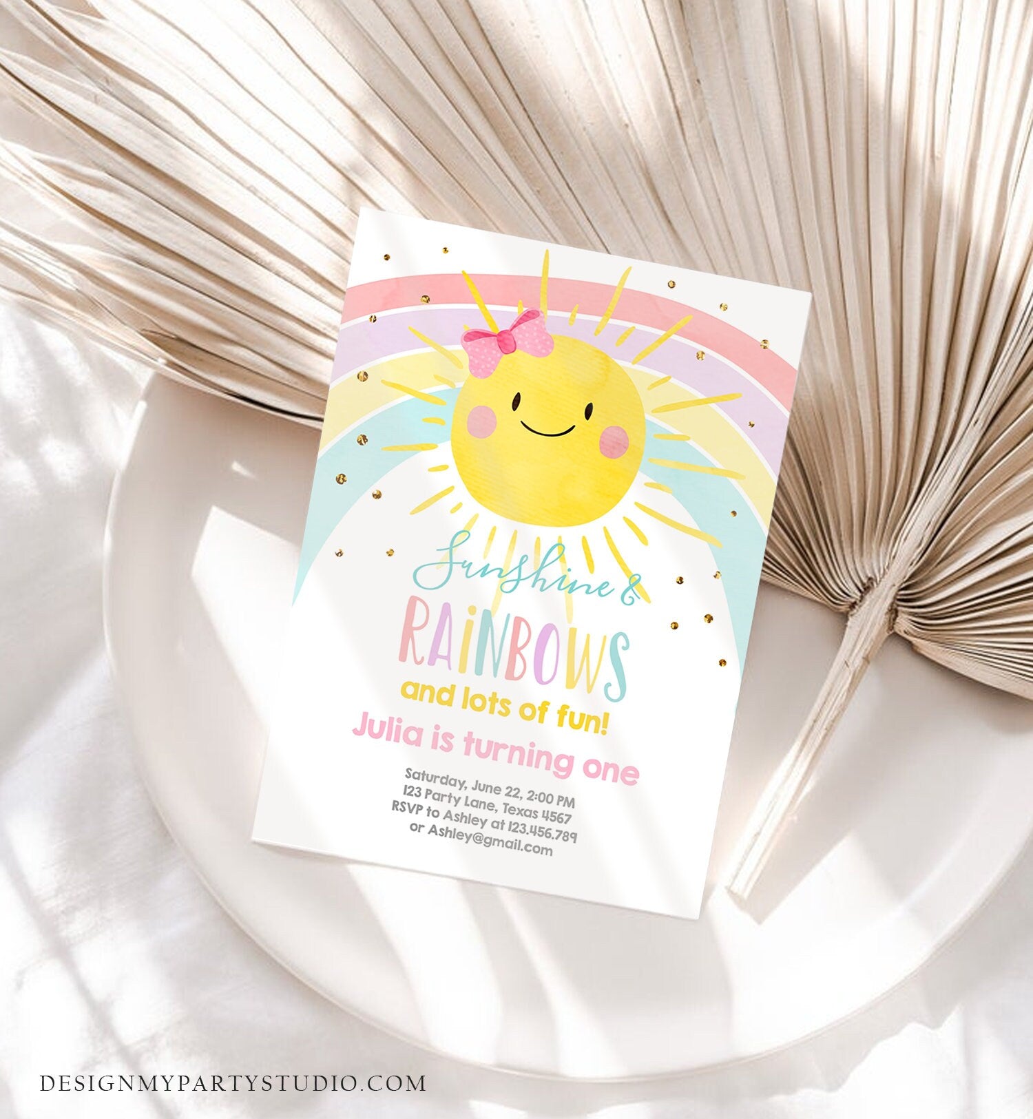 Editable Sunshine and Rainbow Birthday Invitation Pastel Rainbow Birthday Sunshine 1st Birthday Party Girl Download Corjl Template 0402