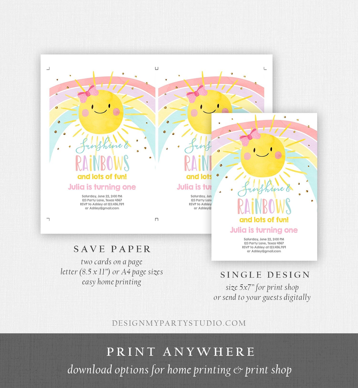 Editable Sunshine and Rainbow Birthday Invitation Pastel Rainbow Birthday Sunshine 1st Birthday Party Girl Download Corjl Template 0402