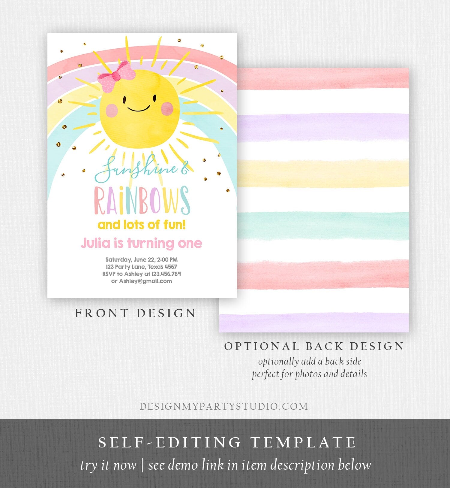 Editable Sunshine and Rainbow Birthday Invitation Pastel Rainbow Birthday Sunshine 1st Birthday Party Girl Download Corjl Template 0402