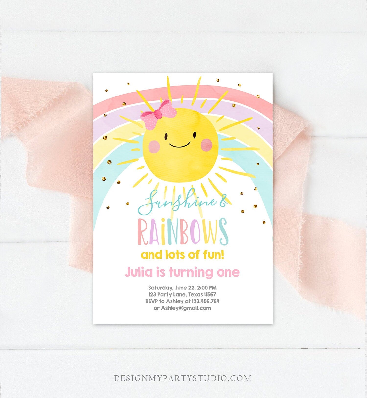 Editable Sunshine and Rainbow Birthday Invitation Pastel Rainbow Birthday Sunshine 1st Birthday Party Girl Download Corjl Template 0402