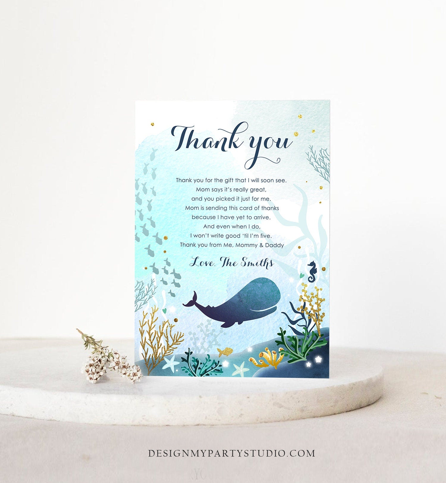 Editable Whale Baby Shower Thank You Card Note Nautical Blue Whale Boy Ocean Under the Sea Coral Template Instant Download Corjl 0118