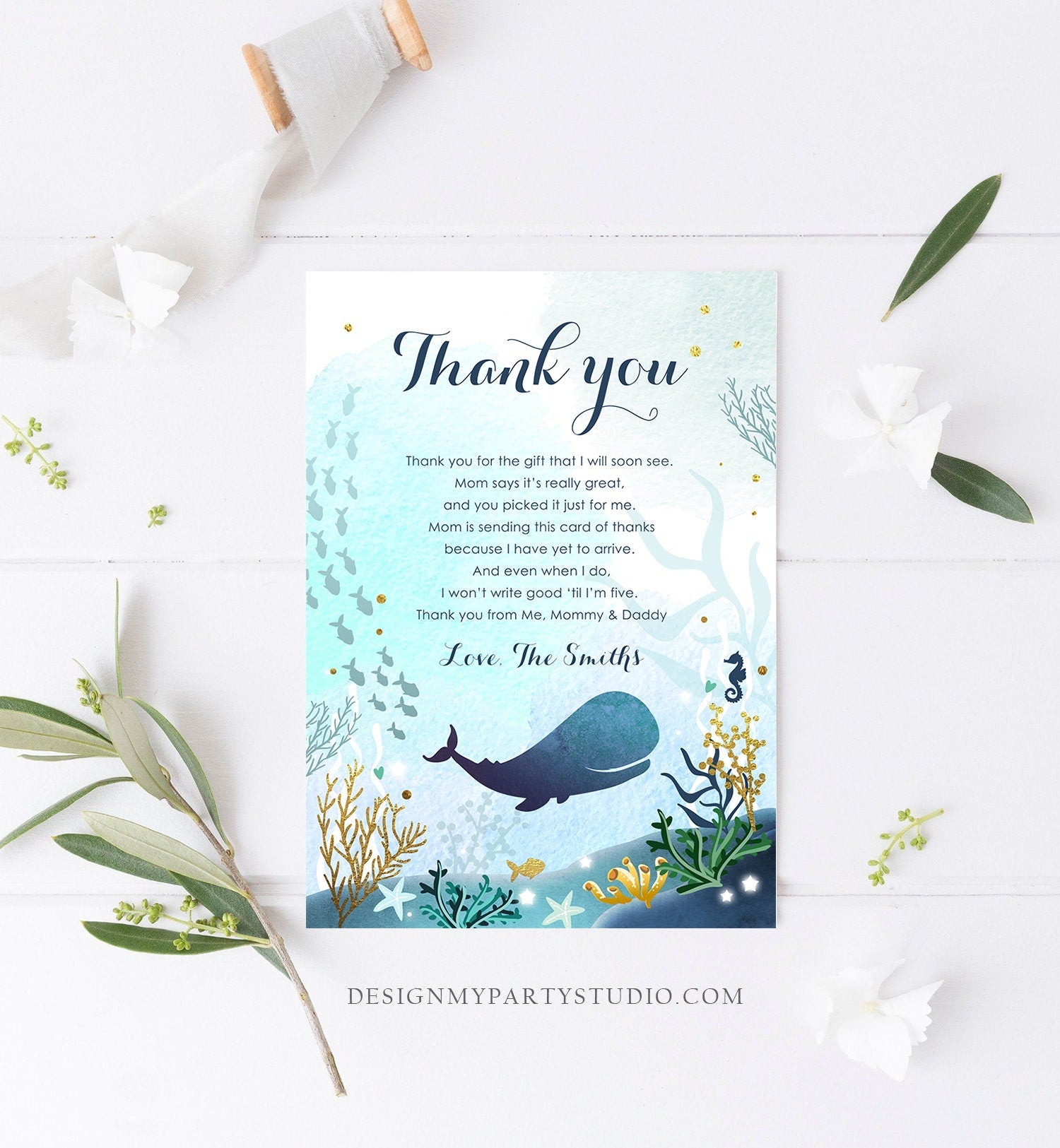 Editable Whale Baby Shower Thank You Card Note Nautical Blue Whale Boy Ocean Under the Sea Coral Template Instant Download Corjl 0118