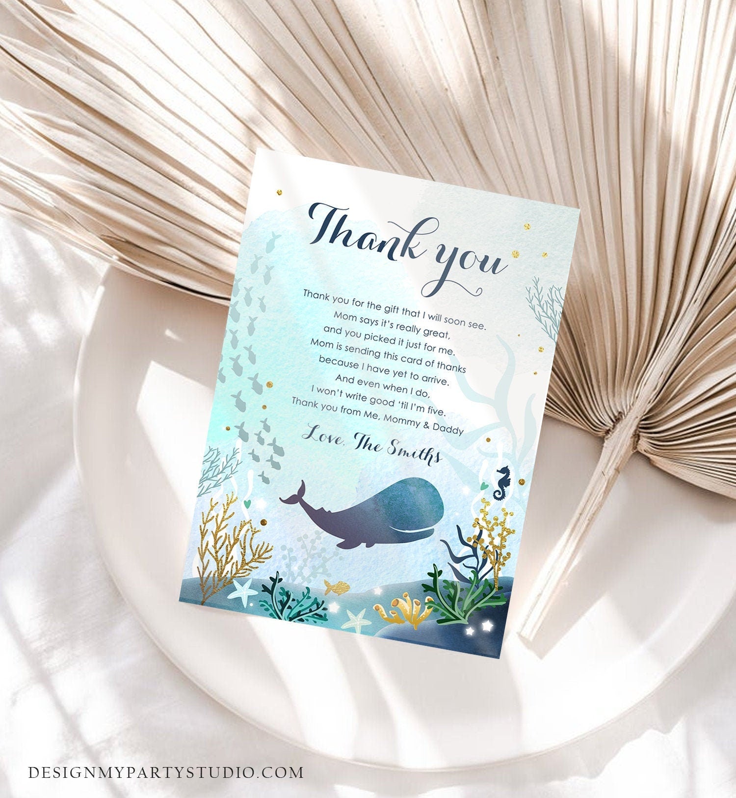 Editable Whale Baby Shower Thank You Card Note Nautical Blue Whale Boy Ocean Under the Sea Coral Template Instant Download Corjl 0118