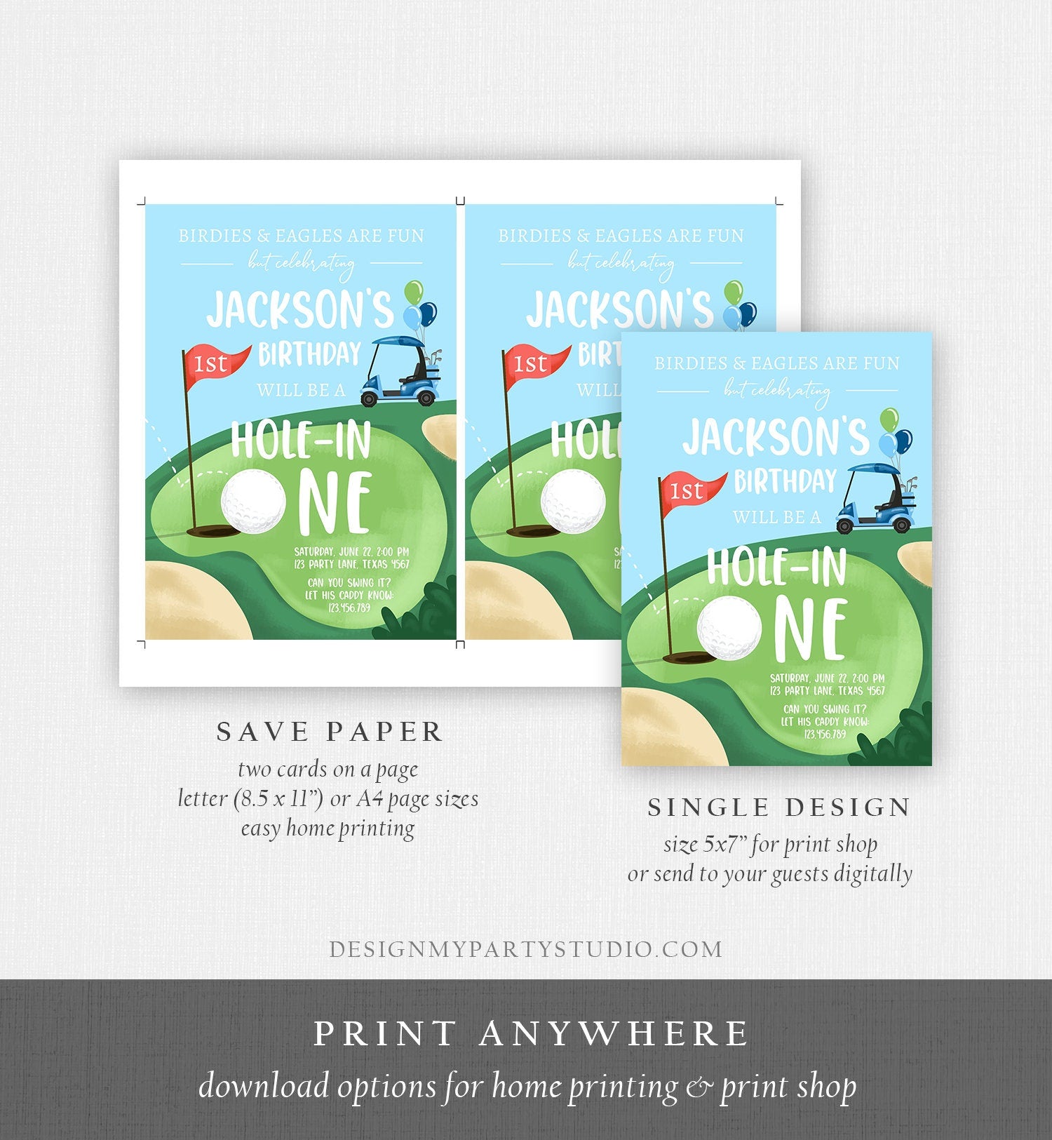 Editable Hole in One Birthday Invitation First Birthday Par-tee Golf Birthday Boy Golfing Digital Download Evite Template Printable 0405