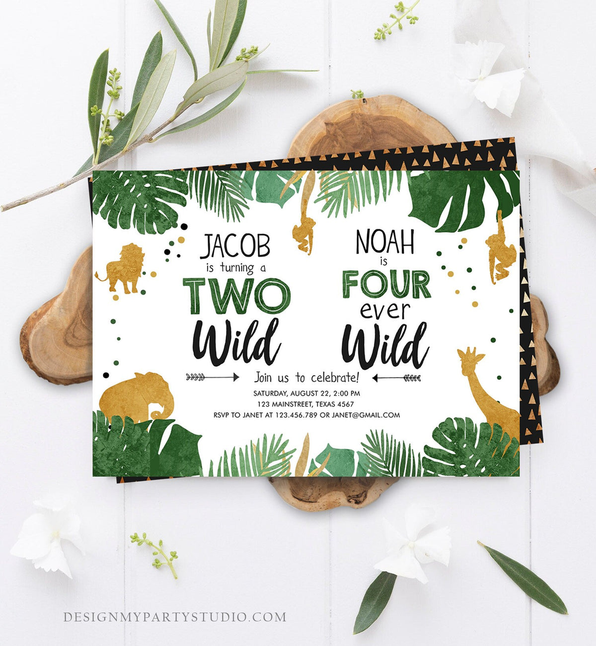 Editable Two Wild Four Ever Wild Birthday Invitation Boys Brothers Safari Animals Party Gold Joint Combined Printable Corjl Template 0016