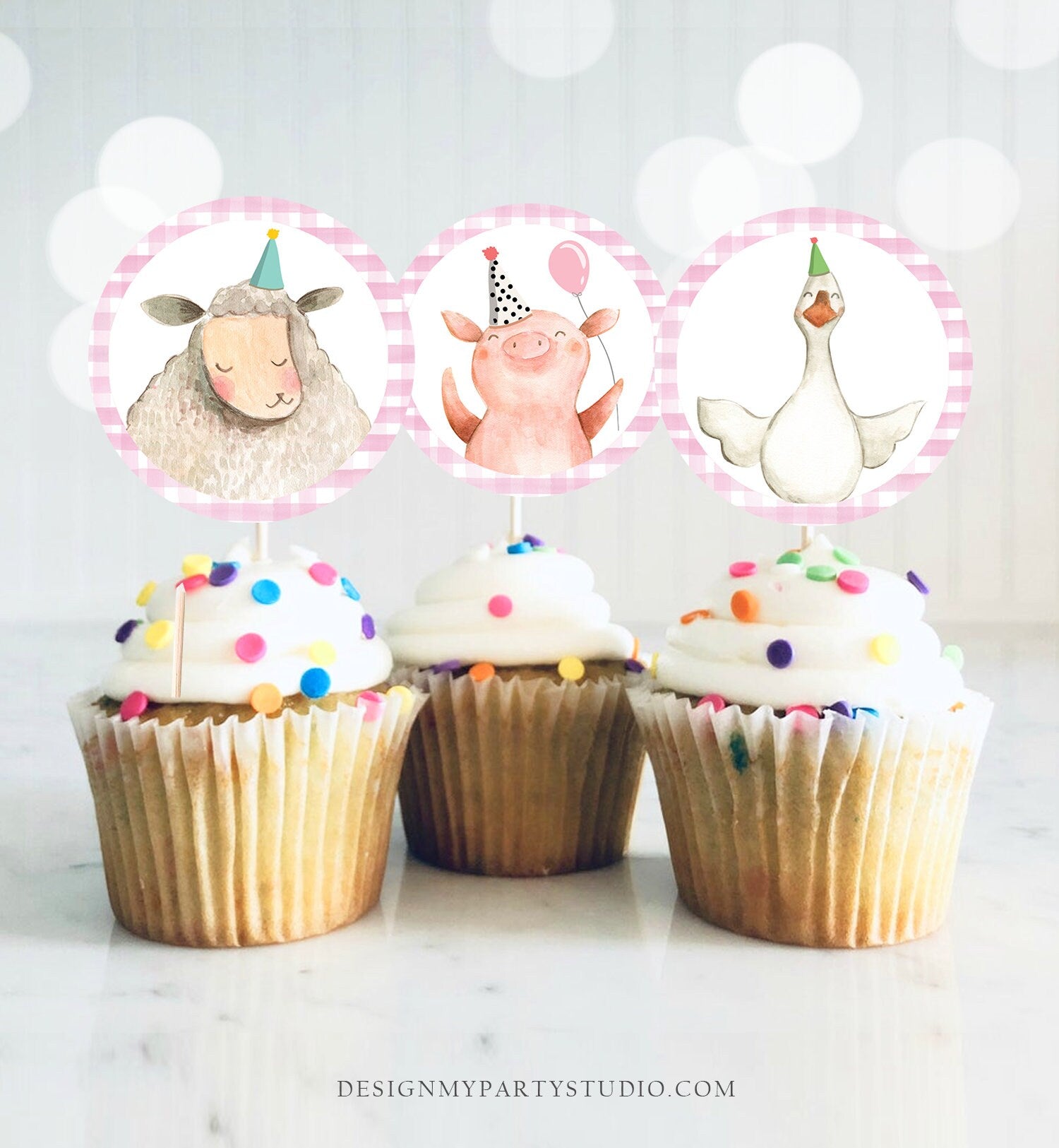 Barnyard Birthday Cupcake Toppers Favor Tags Farm Birthday Party Decoration Girl Farm Animals Pink Stickers download Digital PRINTABLE 0155