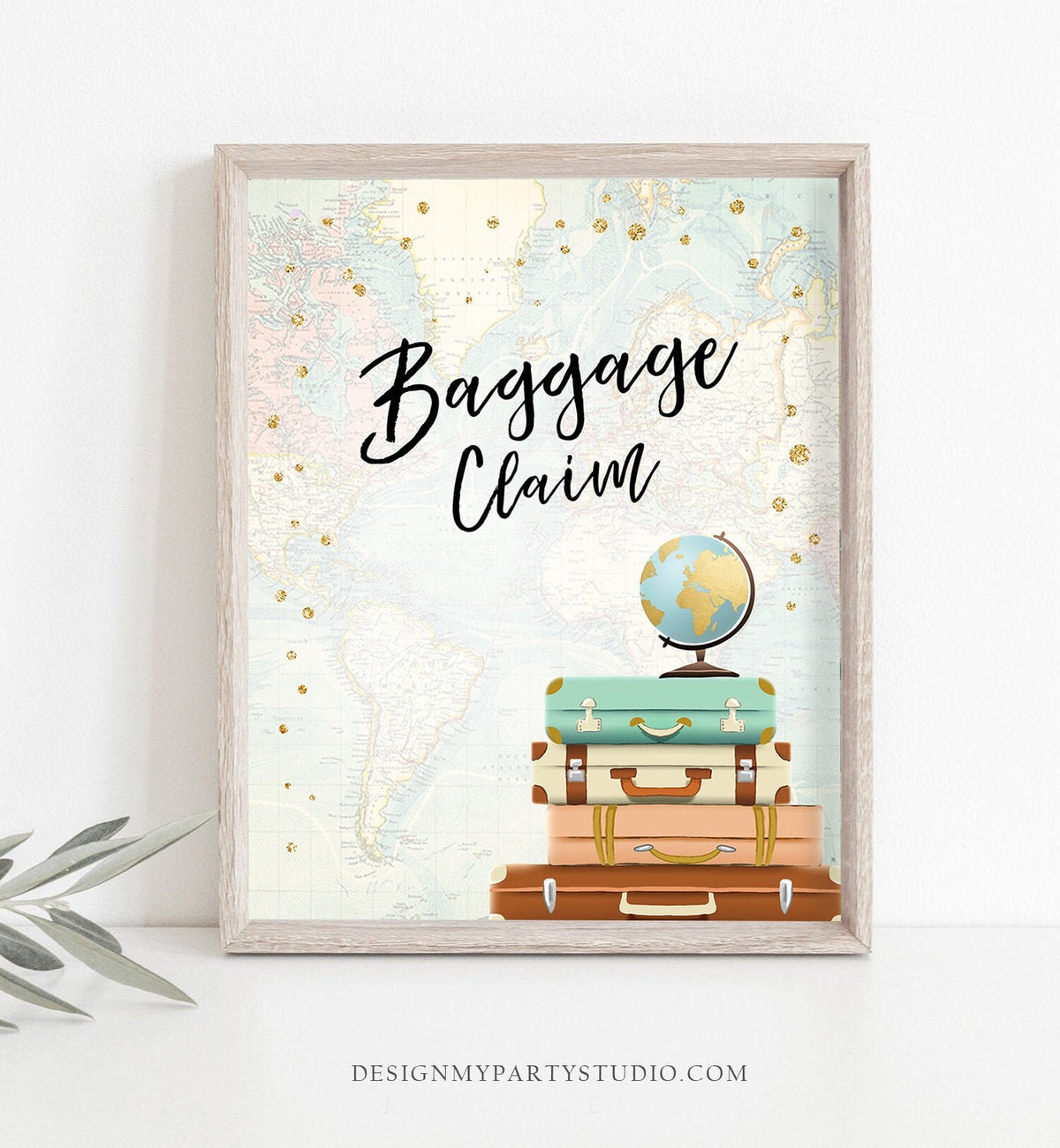 Baggage Claim Sign Travel Adventure Bridal Shower Wedding Baby Shower Globe Suitcases Gold Confetti Instant Download Printable 0263