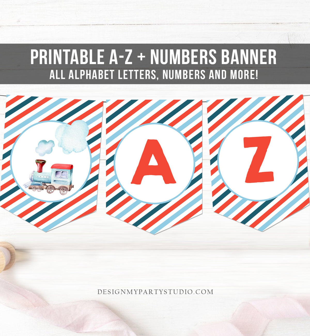 Train Birthday Banner A-Z Alphabet Numbers Banner Happy Birthday Banner Boy Railroad Watercolor Vintage Locomotive Decor Printable 0149