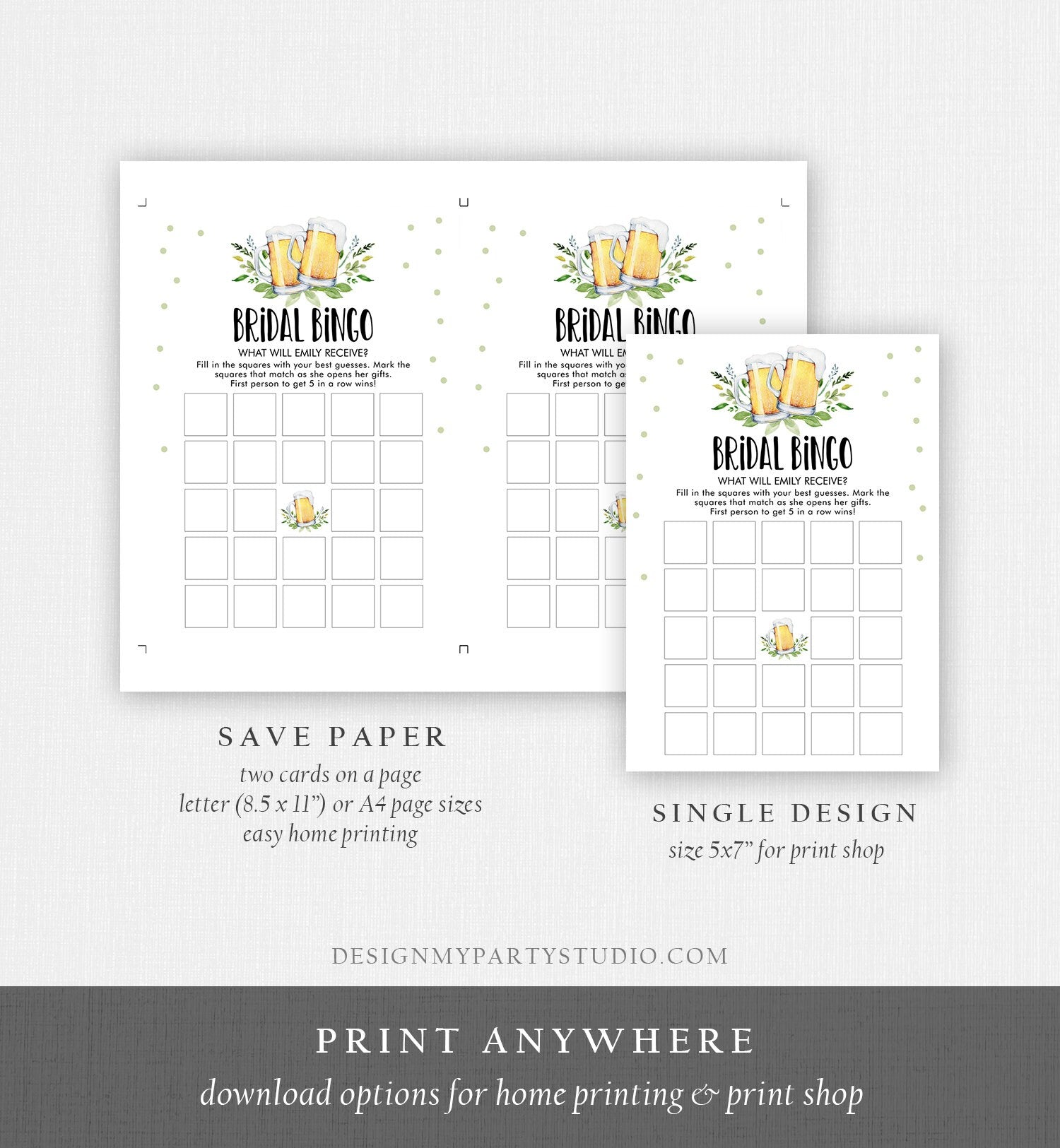 Editable Bingo Bridal Shower Game Wedding Shower Activity Love is Brewing Greenery Rustic Beer Couples Corjl Template Printable 0190