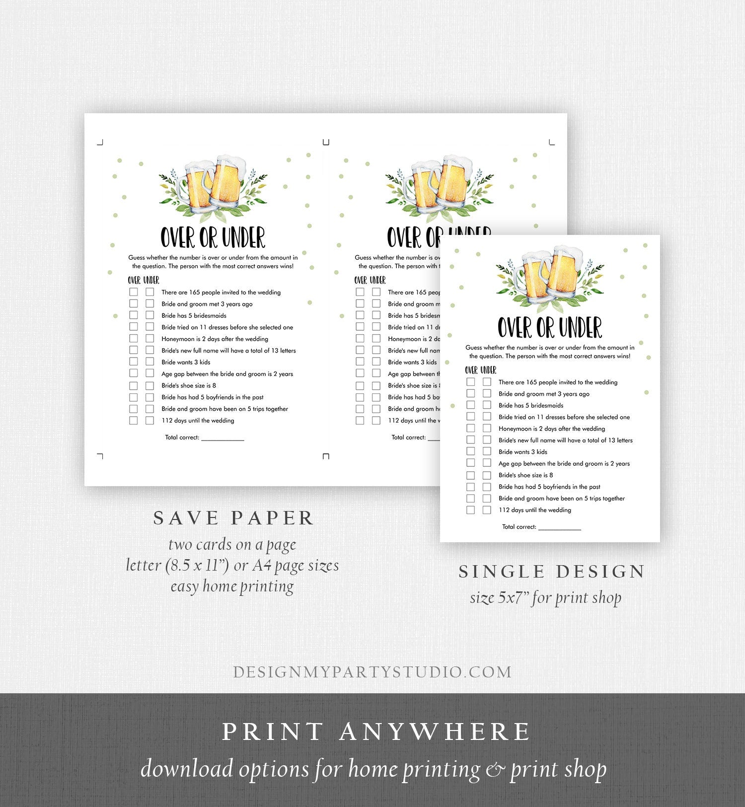 Editable Over or Under Bridal Shower Game Love is Brewing Greenery Beer Rustic Couples Wedding Activity Digital Template Printable 0190