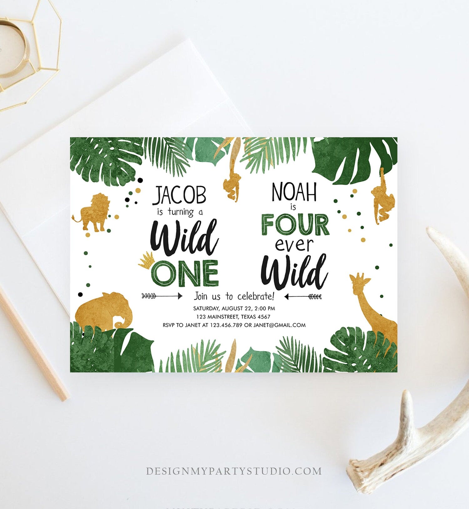 Editable Wild One Four Ever Wild Birthday Invitation Boys Brothers Safari Animals Party Gold Joint Combined Printable Corjl Template 0016