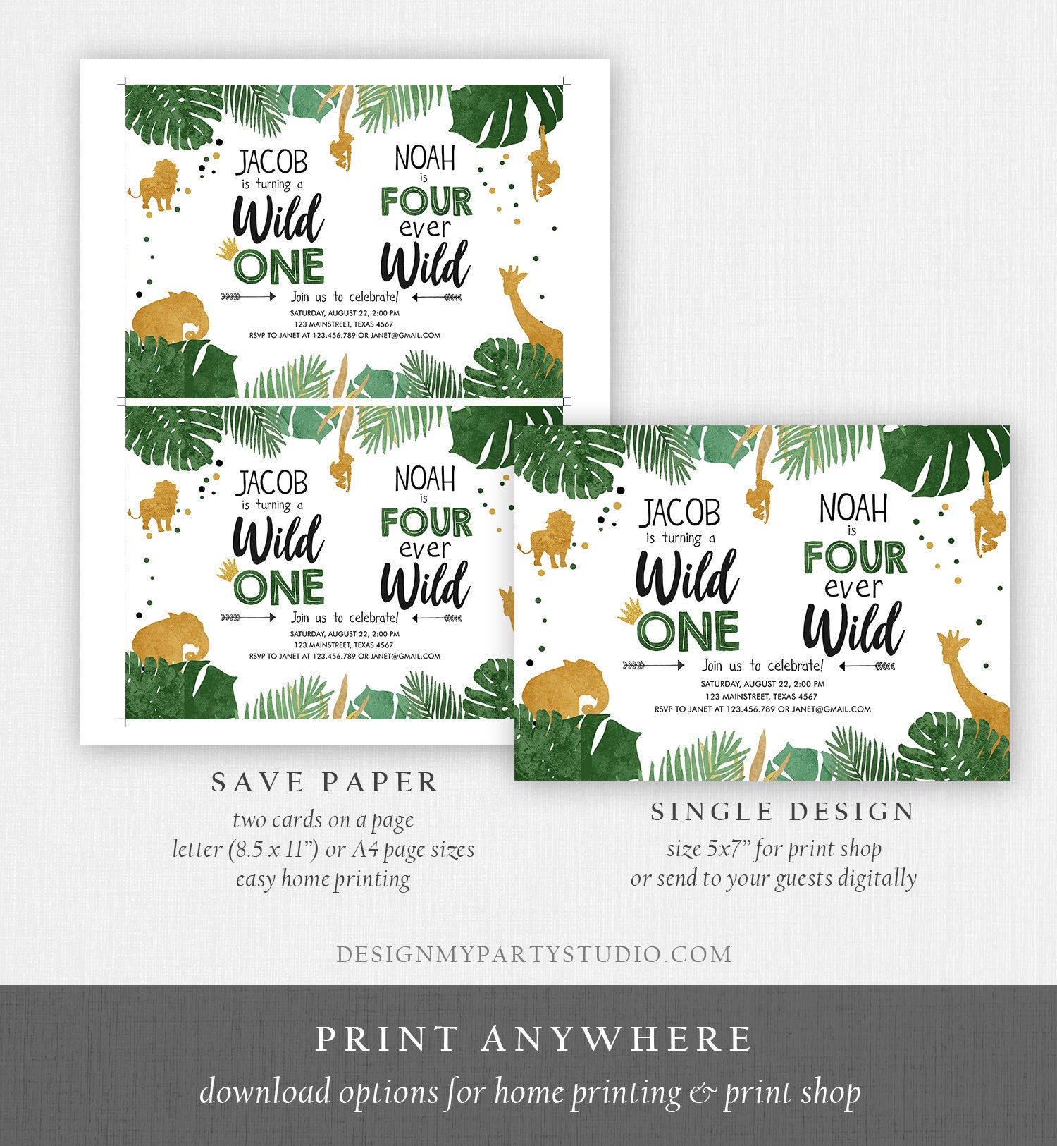 Editable Wild One Four Ever Wild Birthday Invitation Boys Brothers Safari Animals Party Gold Joint Combined Printable Corjl Template 0016