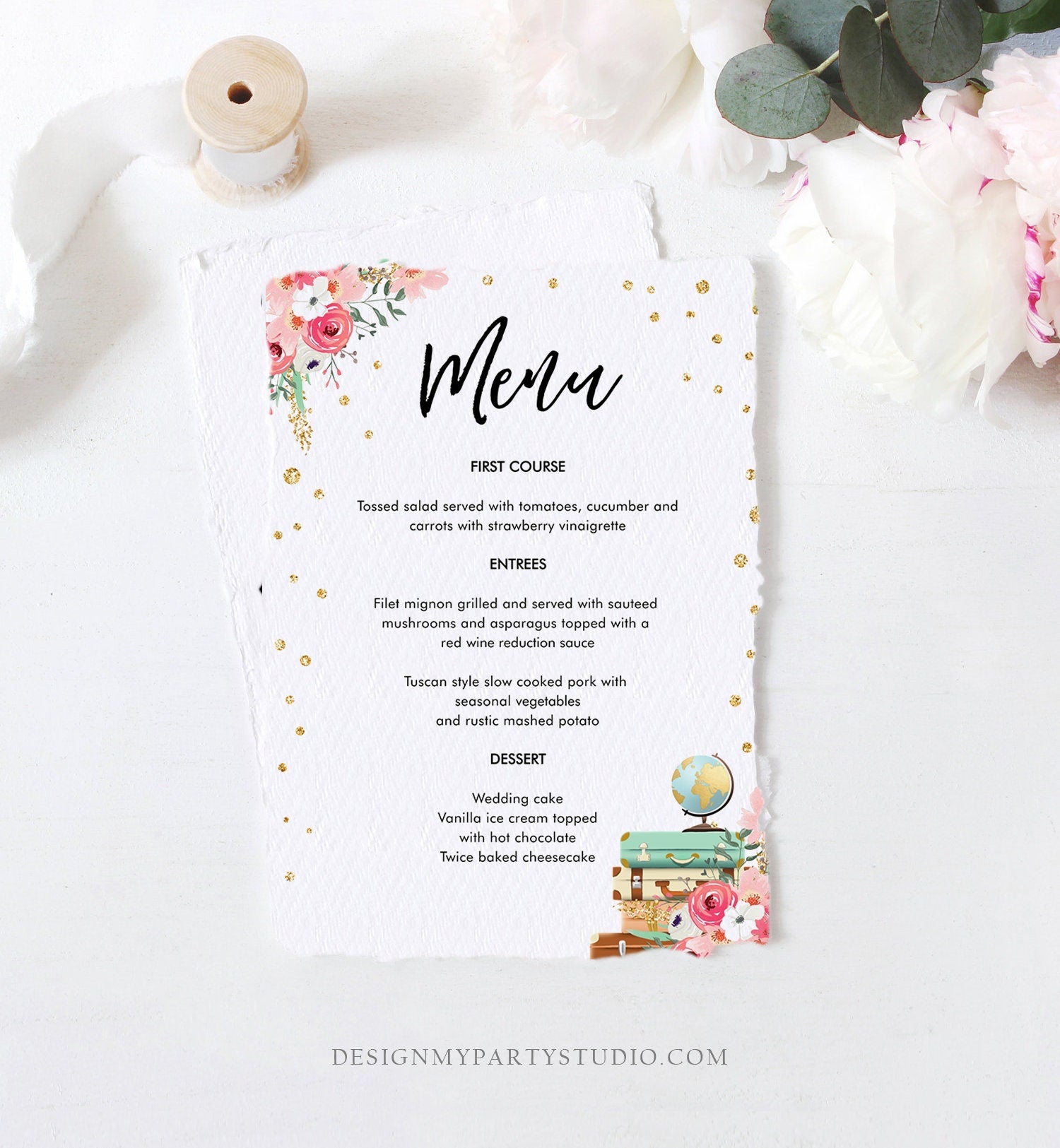 Editable Travel Menu Card Bridal Shower Pink Floral Gold Confetti Baby Shower Suitcases Adventure Download Corjl Template Printable 0030