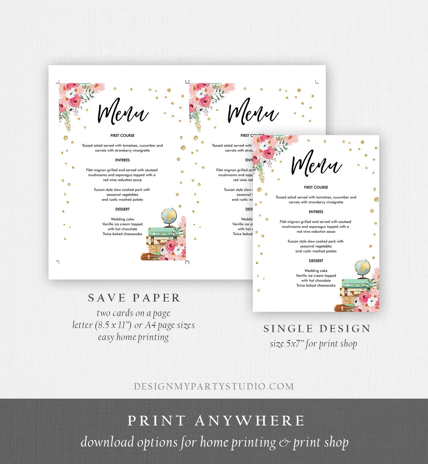 Editable Travel Menu Card Bridal Shower Pink Floral Gold Confetti Baby Shower Suitcases Adventure Download Corjl Template Printable 0030