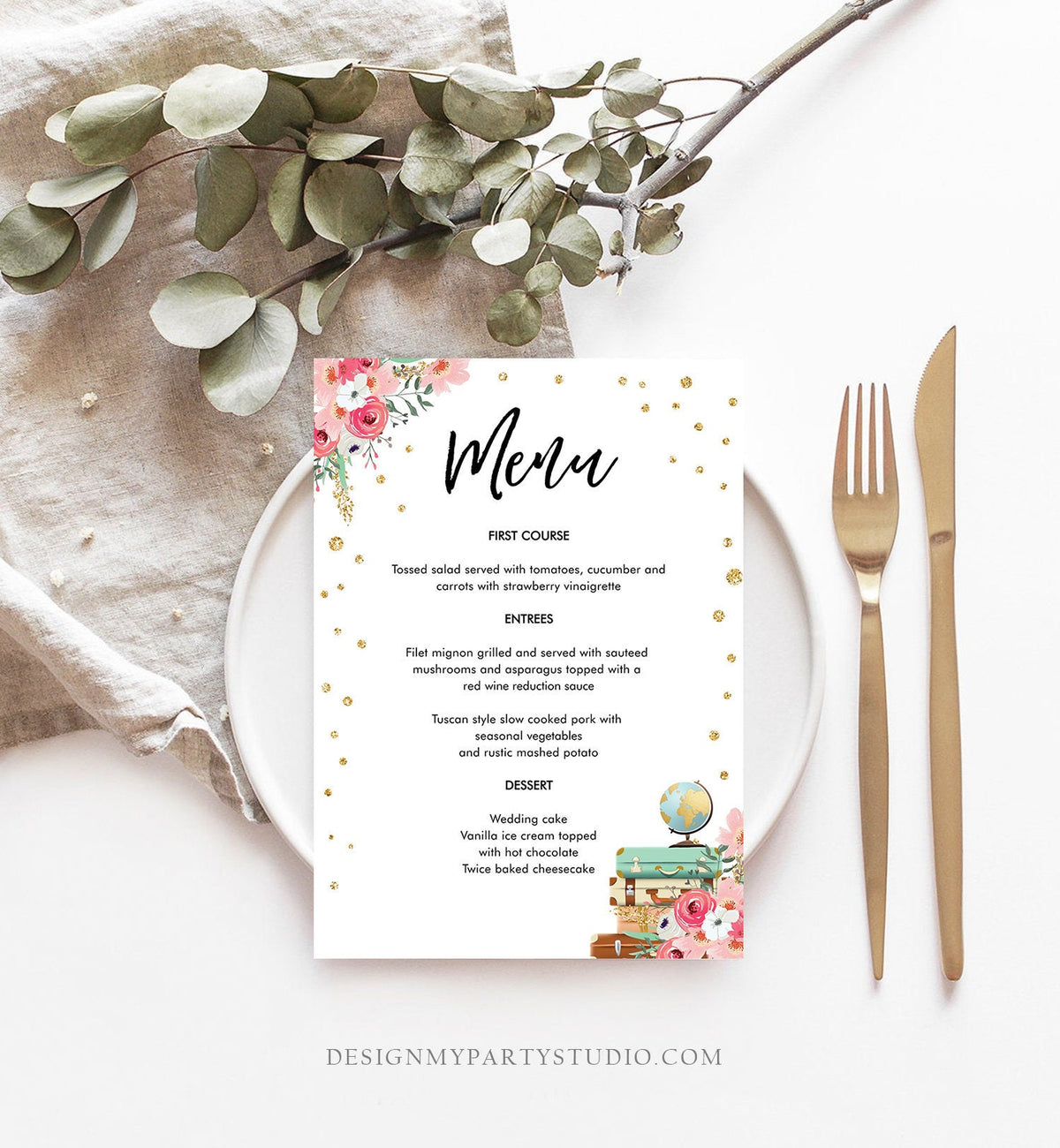 Editable Travel Menu Card Bridal Shower Pink Floral Gold Confetti Baby Shower Suitcases Adventure Download Corjl Template Printable 0030