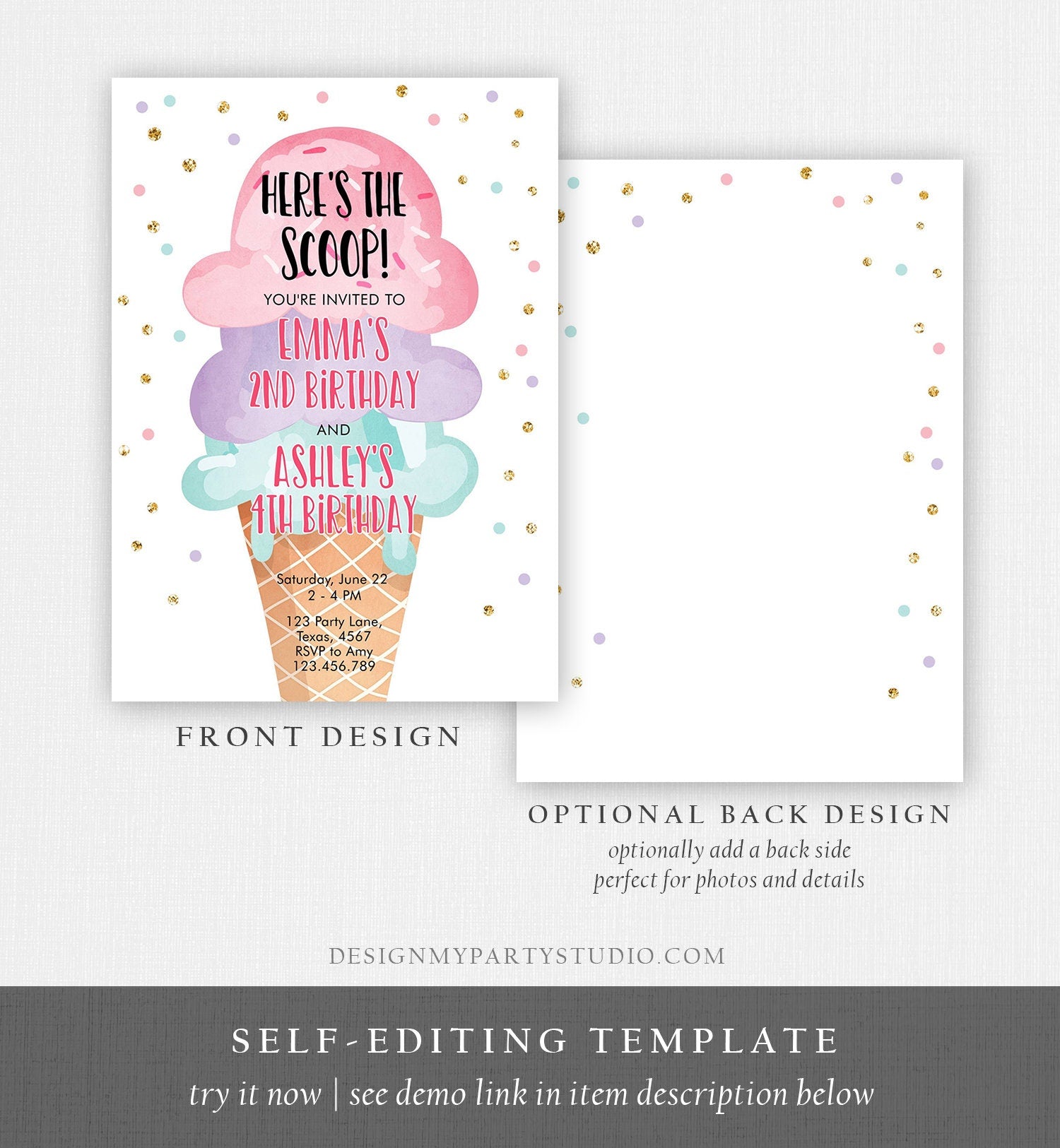 Editable Ice Cream Birthday Invitation Coed Joint Sisters Party Here's the Scoop Cone Pink Mint Gold Purple Template Corjl Printable 0243