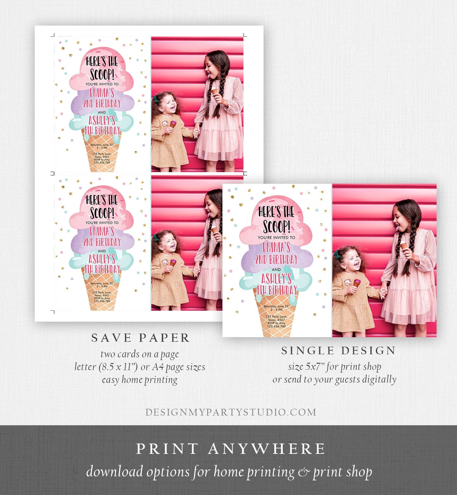 Editable Ice Cream Birthday Invitation Coed Joint Sisters Party Here's the Scoop Cone Pink Mint Gold Purple Template Corjl Printable 0243